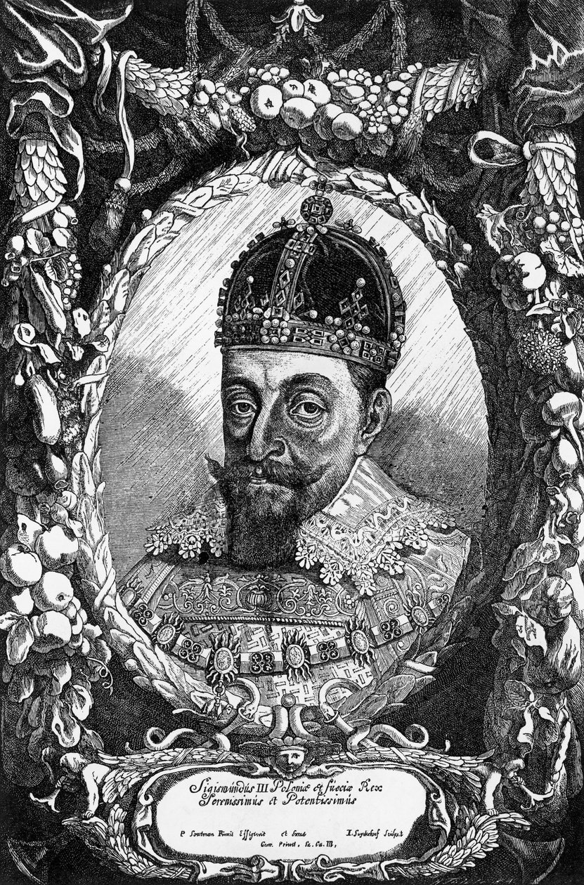 सिगिस्मंड III वासा (1566-1632) का पोर्ट्रेट, 1587 से 1632 तक पोलैंड के राजा, 1592 से 1599 तक स्वीडन के राजा और लिथुआनिया के ग्रैंड ड्यूक, उत्कीर्णन द्वारा अज्ञात अज्ञात