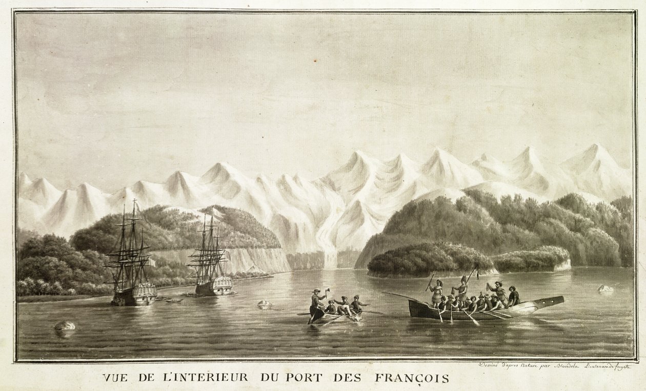 Le Port des Francais, अलास्का, &39;वॉयेज डी ला पेरोस&39;, जुलाई 1786 से (कागज पर पेन इंक और वॉश) (169018 भी देखें) द्वारा लेफ्टिनेंट ब्लोंडेला