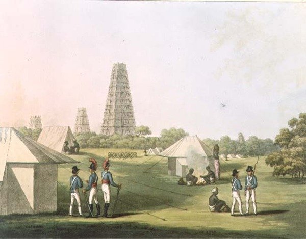 रॉयल आर्टिलरी एनकैंपमेंट, कॉन्जेवरम से एक दृश्य, एच. मर्क (fl.1800-20) पब द्वारा उकेरा गया &39;मैसूर साम्राज्य में सुरम्य दृश्य&39; से प्लेट 36। एडवर्ड ओरमे द्वारा (१७७४-सी.१८२०) १८०५ (एक्वाटिंट) द्वारा लेफ्टिनेंट जेम्स (बाद में) हंटर