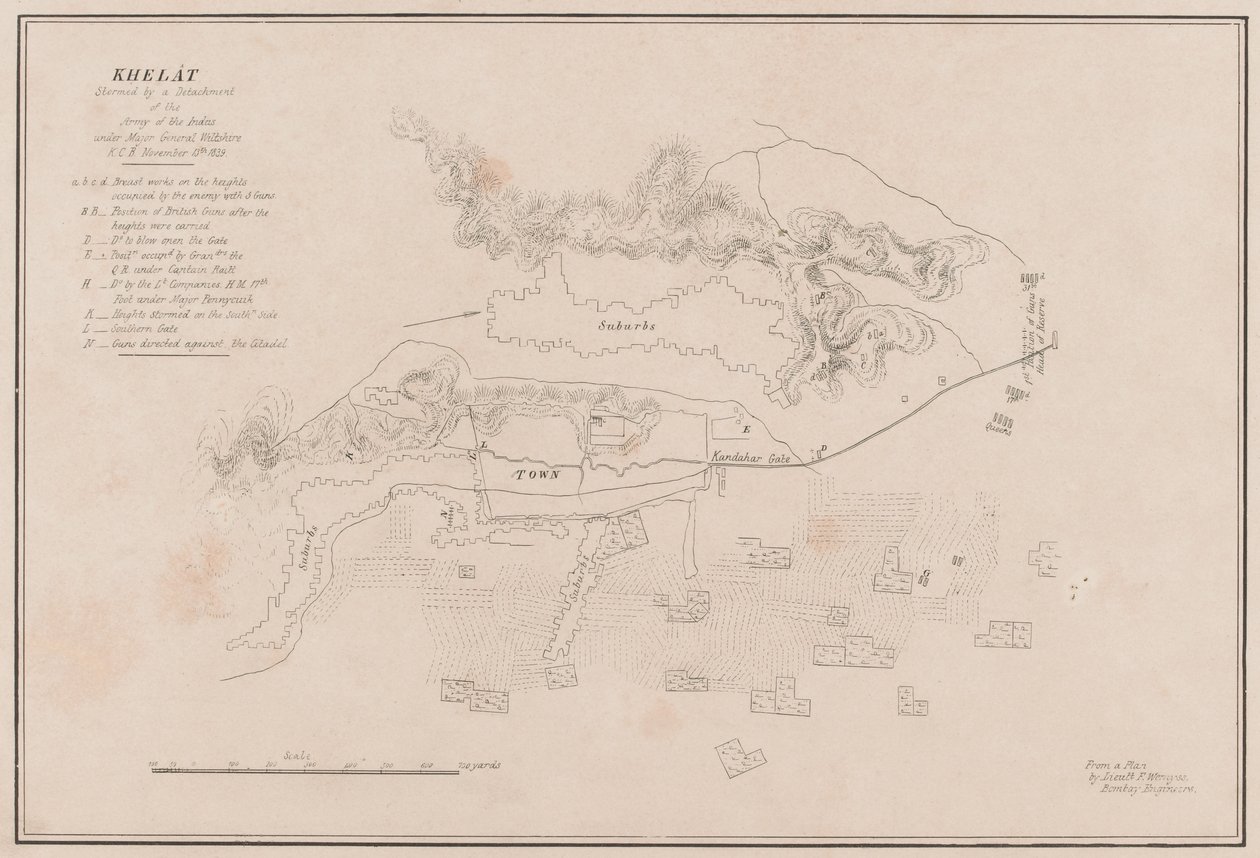 ग़ज़नी के किले का स्केच। 23 जुलाई 1839 को स्टॉर्म द्वारा लिया गया' (लिथो) द्वारा लेफ्टिनेंट थॉमस (बाद में) विंगेट