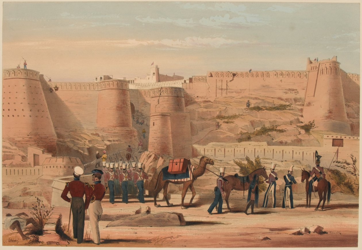 'स्टॉर्मिंग ऑफ़ ग़ज़नी: द मॉर्निंग आफ्टर द एक्शन', 23 जुलाई 1839 (कलर लिथो) द्वारा लेफ्टिनेंट थॉमस (बाद में) विंगेट