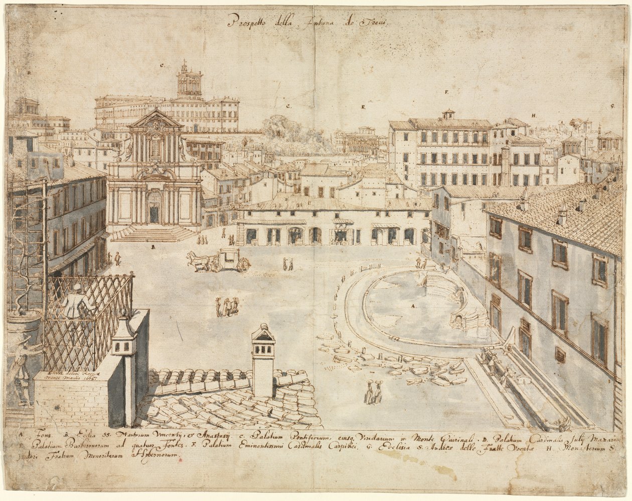 रोम के अठारह दृश्य: द ट्रेवी फाउंटेन, 1665। द्वारा लिविन क्रुइल