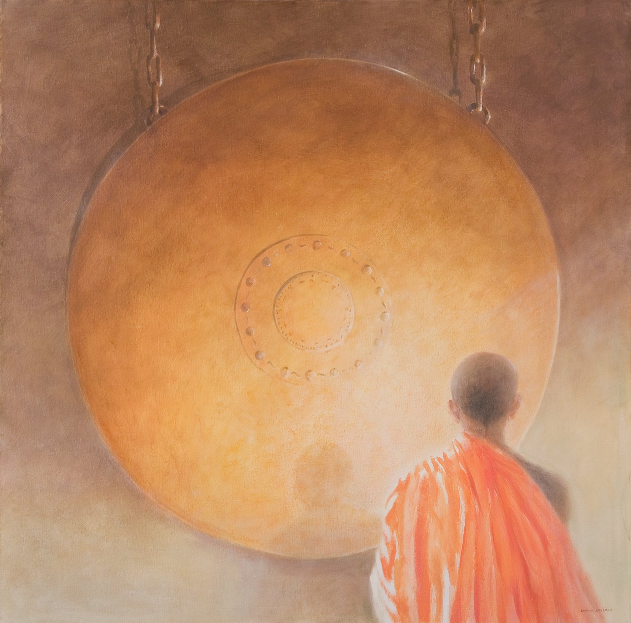 युवा बौद्ध भिक्षु और गोंग, भूटान, 2010 (कैनवास पर एक्रिलिक) द्वारा लिंकन सेलिगमैन