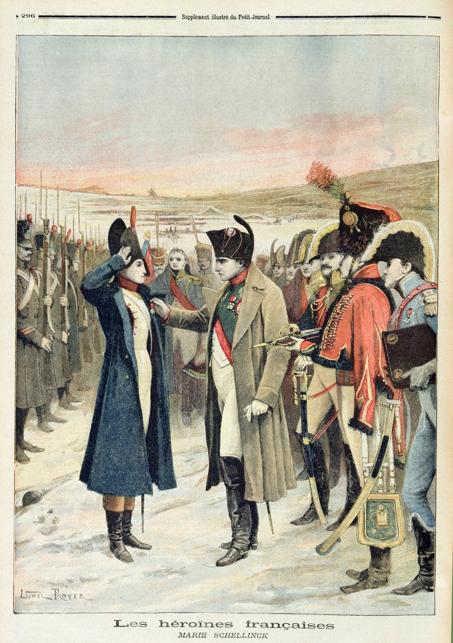 नेपोलियन बोनापार्ट (1769-1821) ने महिला अधिकारी, मैरी स्केलिनक को युद्ध के मैदान पर पदक के साथ पेश किया, &39;ले पेटिट जर्नल&39;, सितंबर 1894 से चित्रण द्वारा लियोनेल नोएल रॉयर