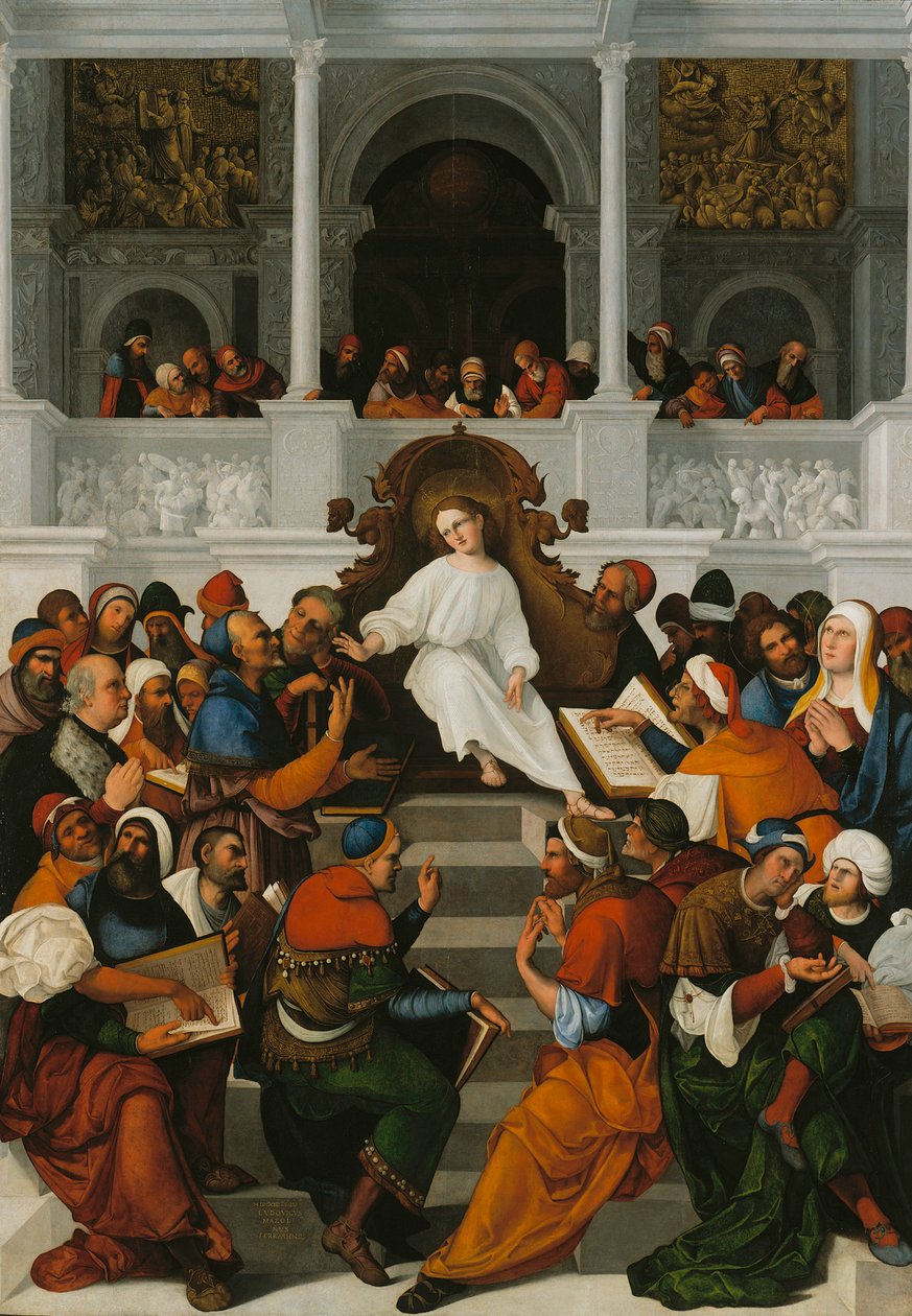 मंदिर में बारह वर्षीय यीशु शिक्षण द्वारा Lodovico Mazzolino