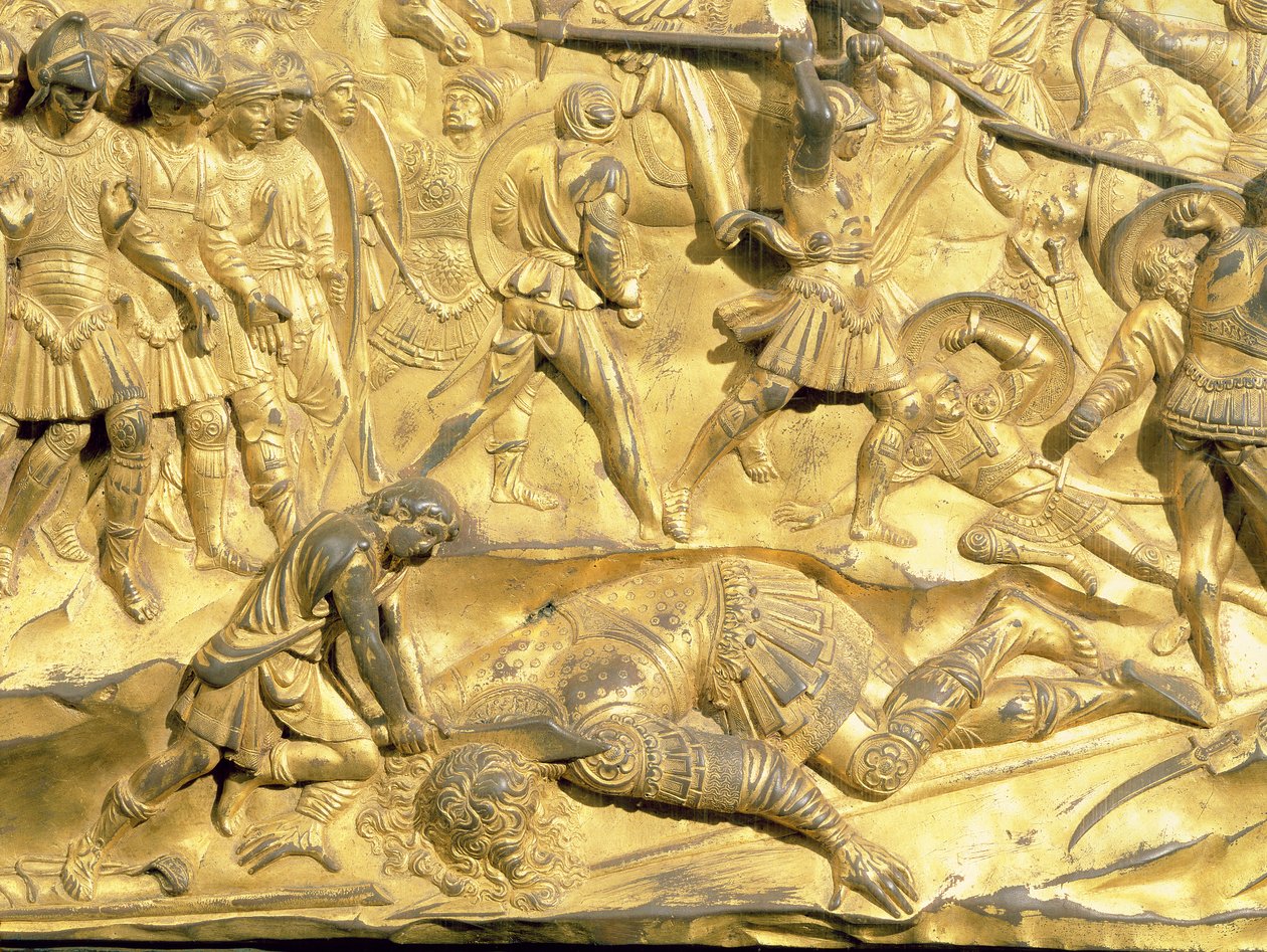 डेविड और गोलियत, बैपटिस्टी के पूर्वी दरवाजे से मूल पैनल से विस्तार, 1425-52 (गिल्ट कांस्य) (बहाली के बाद) द्वारा लोरेंजो घिबरती