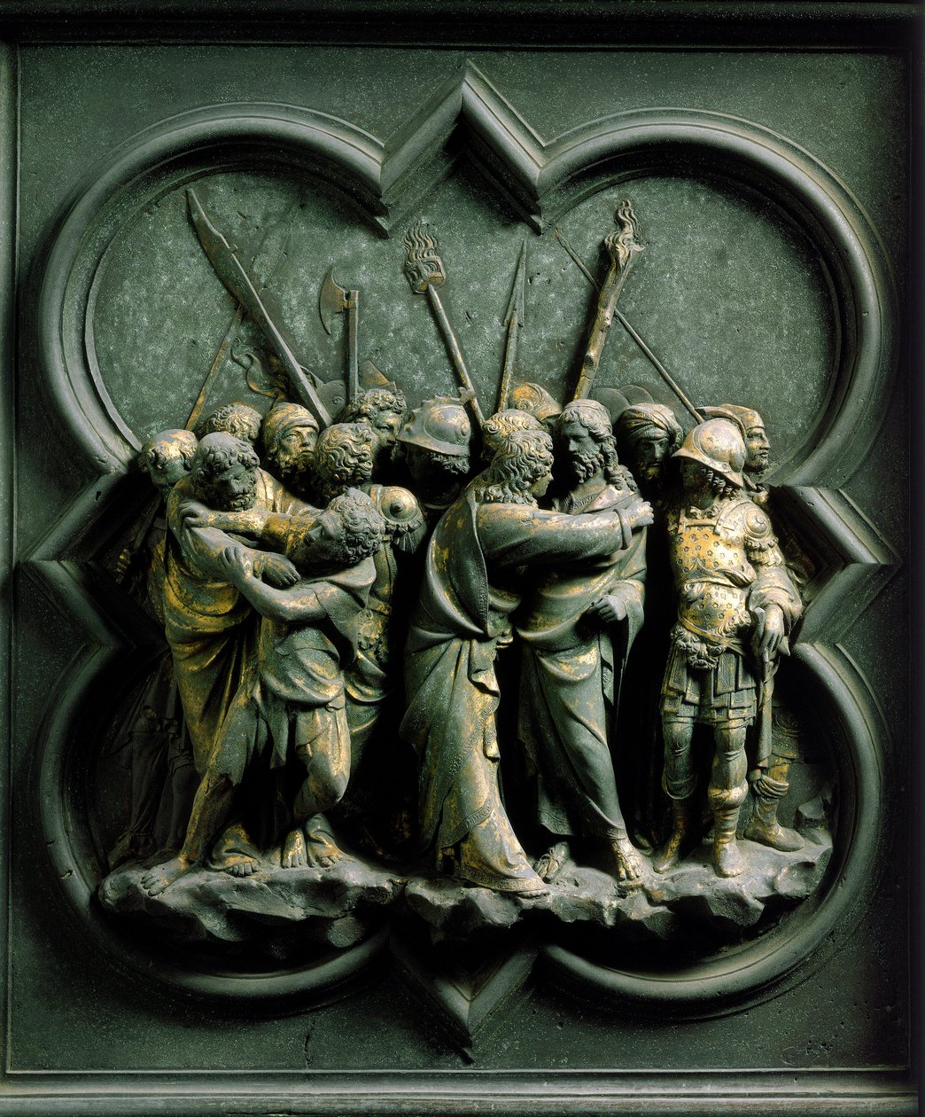 उत्तरी गेट (क्रॉस के गेट कहा जाता है, उत्तर में), बाहरी विस्तार: "कांस्य Lorenzo Ghiberti द्वारा बनाई गई मूर्ति" "यहूदा की किस" (1378-1455) द्वारा लोरेंजो घिबरती