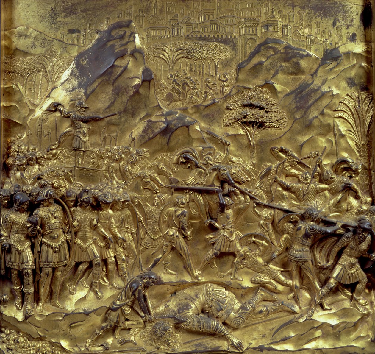 डेविड की कहानी और गोलियत, गेट्स ऑफ पैराडाइज (पूर्व के दरवाजे), 1425-52 (गिल्ट कांस्य) से दस राहत पैनल में से एक (87652-59 und 87661-67 देखें) द्वारा लोरेंजो घिबरती