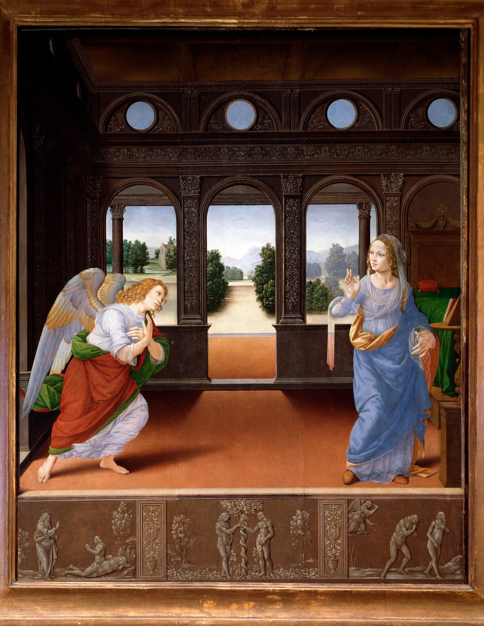 घोषणा, और आदम और हव्वा की कहानी - कैनवास पर तेल, c.1480 द्वारा लोरेंजो डि क्रेडि