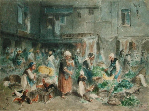 टाउन स्क्वायर, 1847 में बाजार (कागज पर कलम और स्याही और wc) द्वारा लुई एडोल्फ हर्वियर