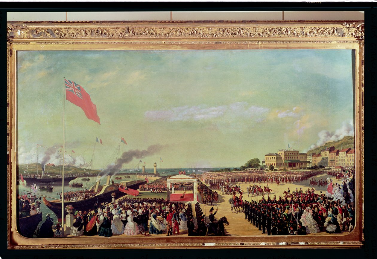 नेपोलियन III (1808-73) 18 अगस्त 1855, 1856 को बोउलोन बंदरगाह पर क्वीन विक्टोरिया (1819-1901) का स्वागत करते हुए द्वारा लुइस आर्मंड