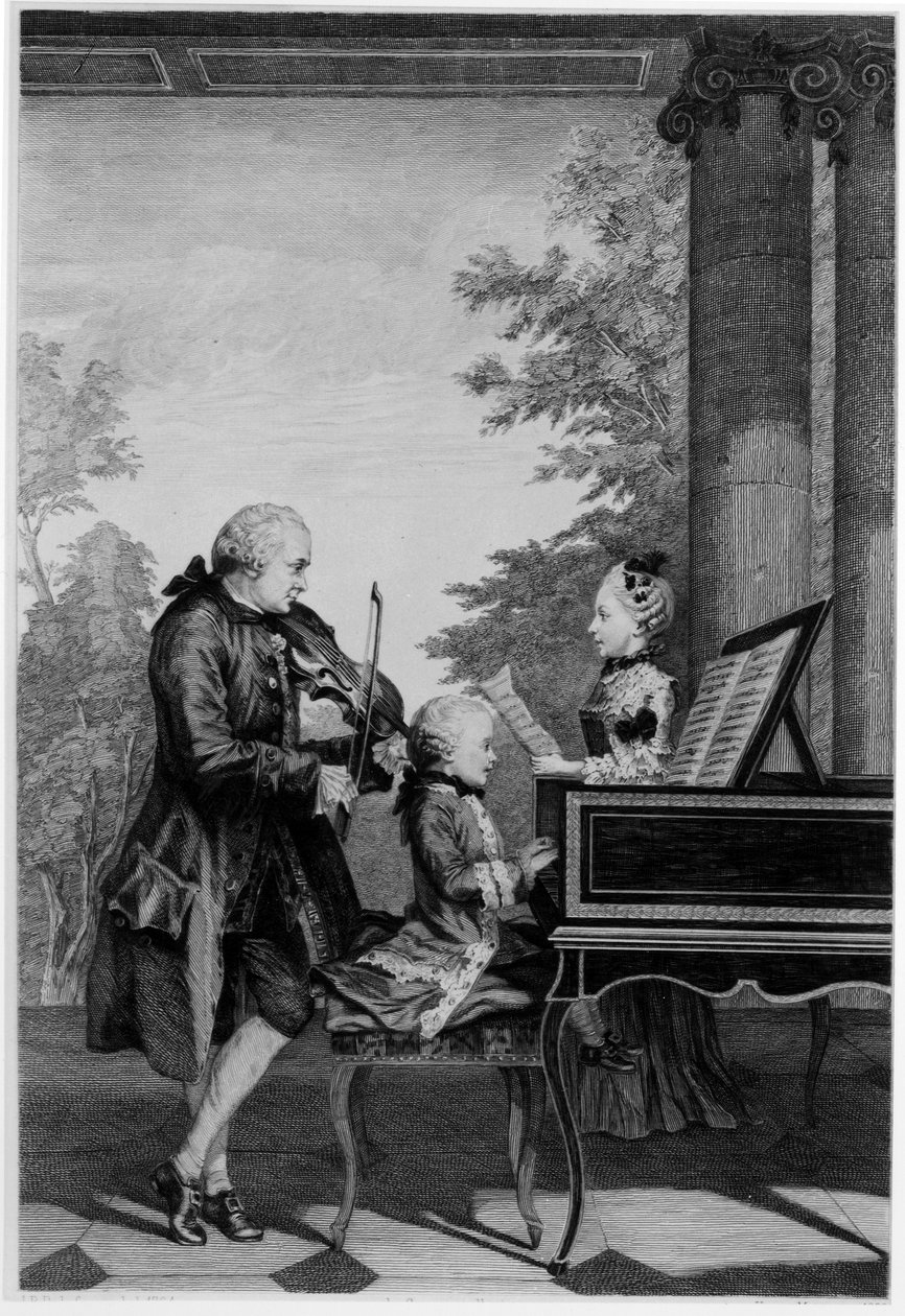 लियोपोल्ड मोजार्ट (1719-87) और उनके दो बच्चे, वोल्फगैंग एमेडियस (1756-91) और मारिया-अन्ना (नैनर्ल) (1751-1829) द्वारा लुई कारोगिस ने कारमोंटेल को डाइट किया