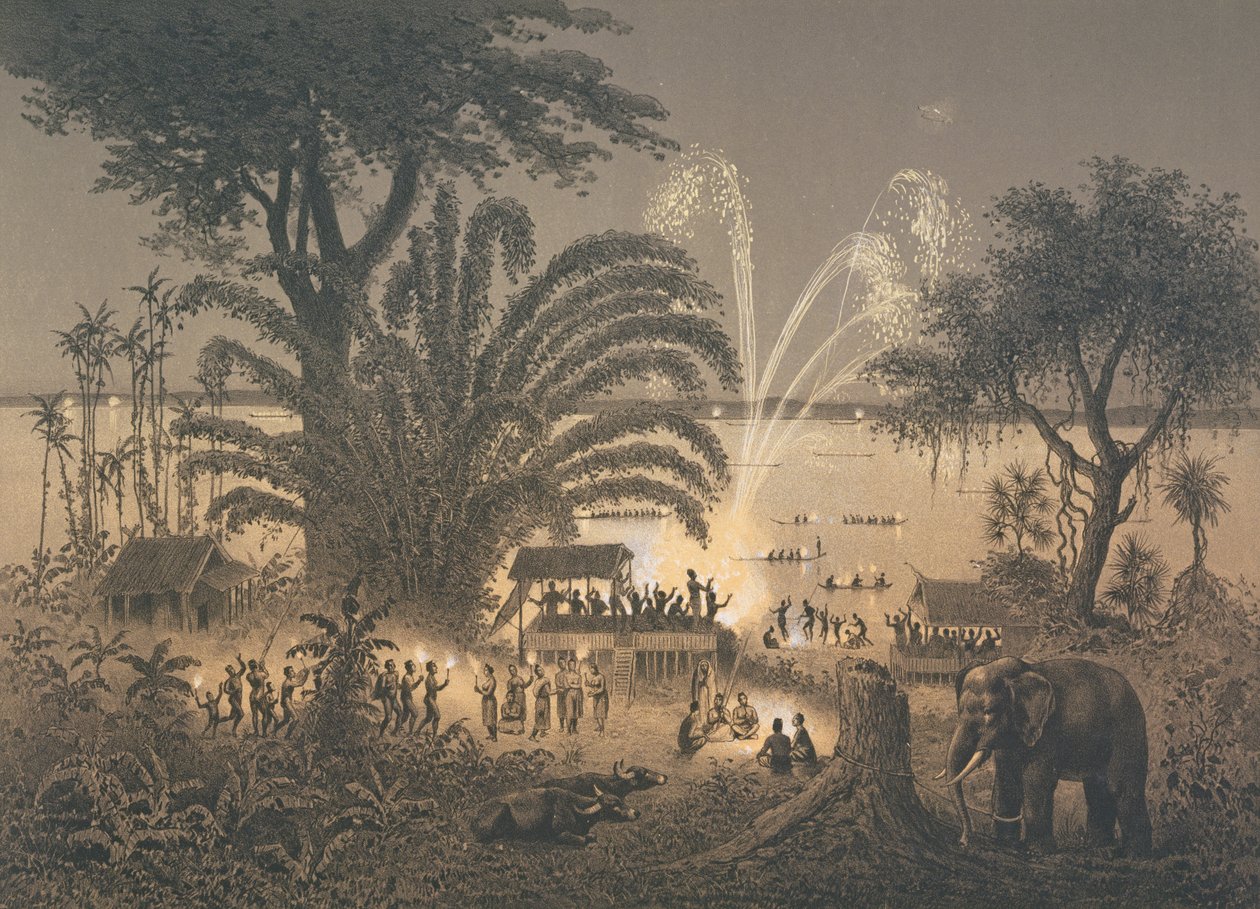बासाक में समारोह में नदी पर आतिशबाजी, डौडार्ट डी लैगरी (1823-68), 1873 द्वारा &39;एटलस डु वॉयेज डी-एक्सप्लोरेशन डी इंडो-चाइन&39; से चित्र द्वारा लुई डेलापोर्टे