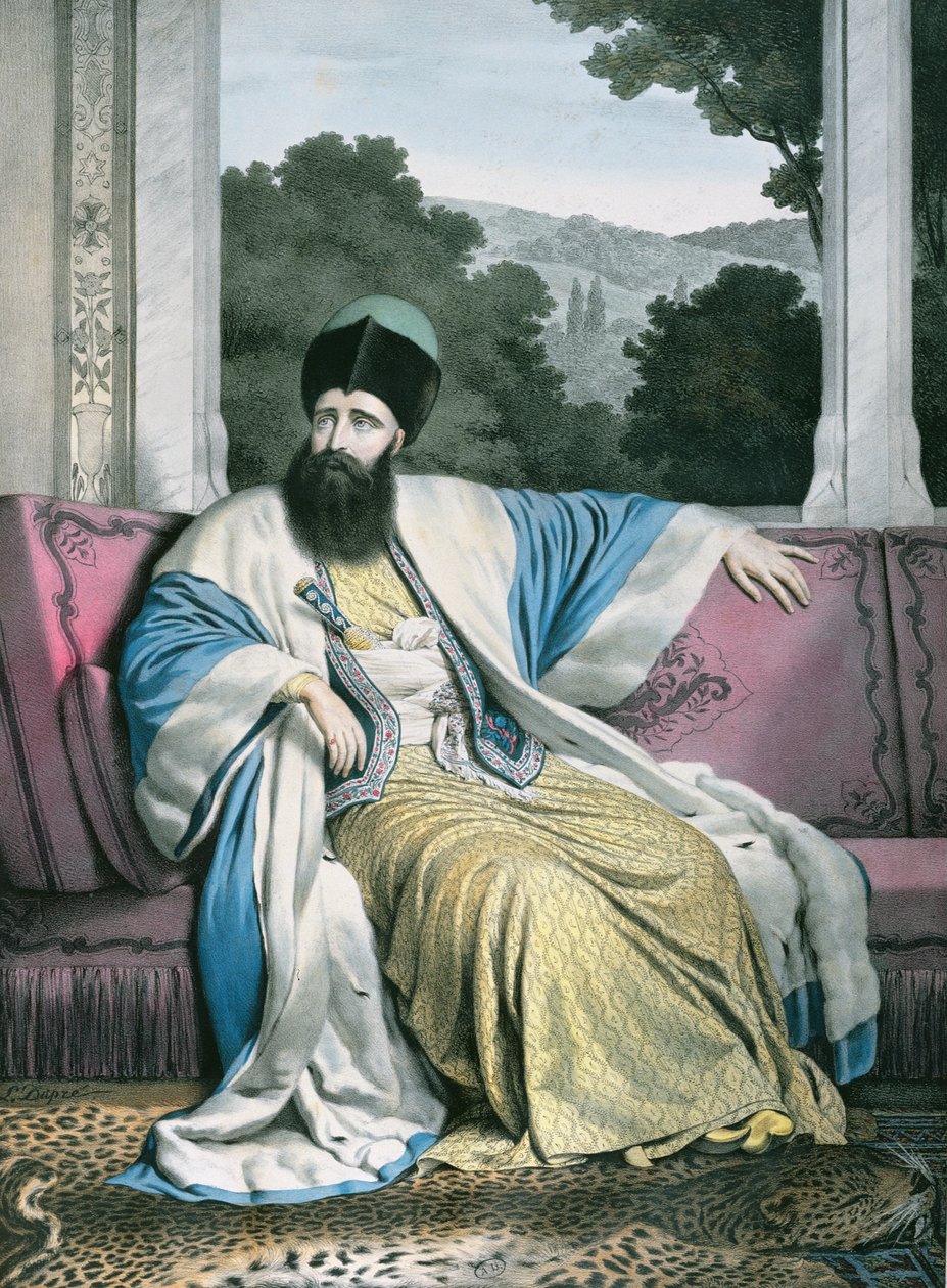 माइकल साउत्ज़ो (मिहाई सुटू), मोलदाविया के राजकुमार 1819-21, डुमर्रे, 1828 द्वारा लिखित और सचित्र &39;वॉयेज ए एथेंस एट कॉन्स्टेंटिनोपल&39; के लिए लेमेरियर द्वारा उत्कीर्ण। द्वारा लुई डुप्रे