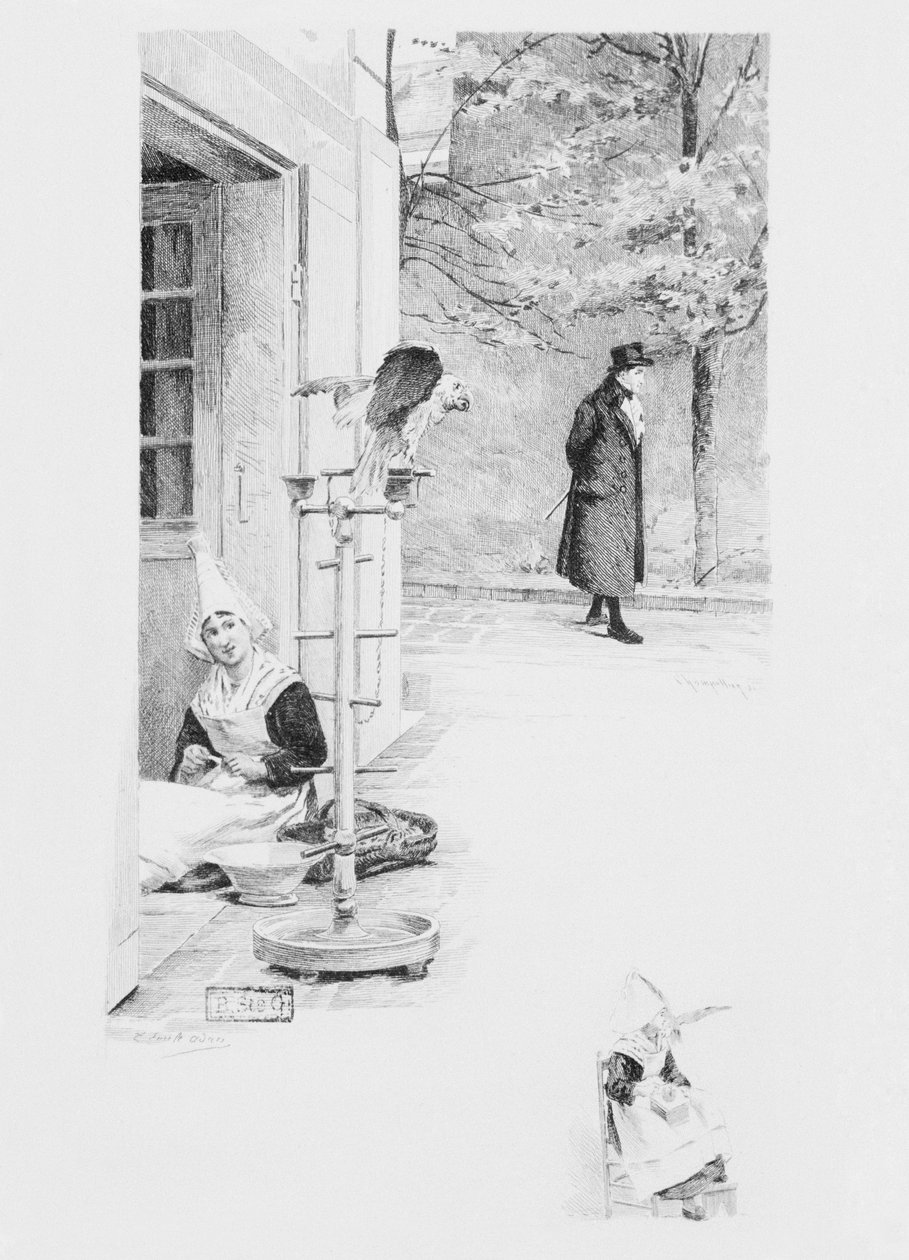 सेवक फेलिसाइट और तोता लूलौ, गुस्ताव फ्लेबर्ट (1821-80) द्वारा प्रकाशित &39;ए सिंपल हार्ट&39; का चित्रण, 1894 में यूजीन आंद्रे चैंपियन (1848-1901): पेरिस, बुकसेलर प्रकाशक ए द्वारा उत्कीर्ण द्वारा लुई एमिल अदन