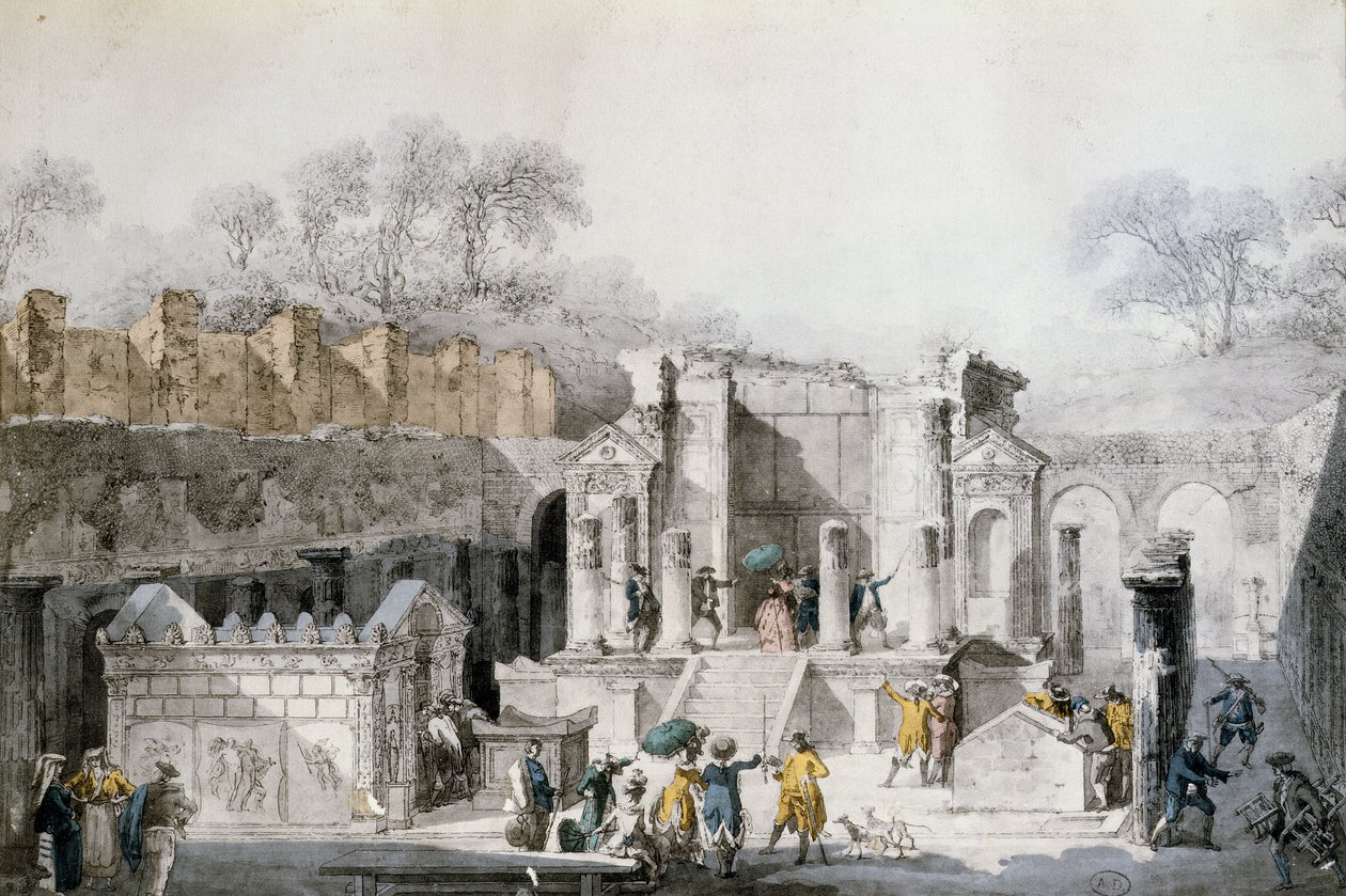 पोम्पेई के खंडहर में इसिस के मंदिर में पर्यटक, 1779 (रंग उत्कीर्णन) द्वारा लुई जीन डेस्पर्ज