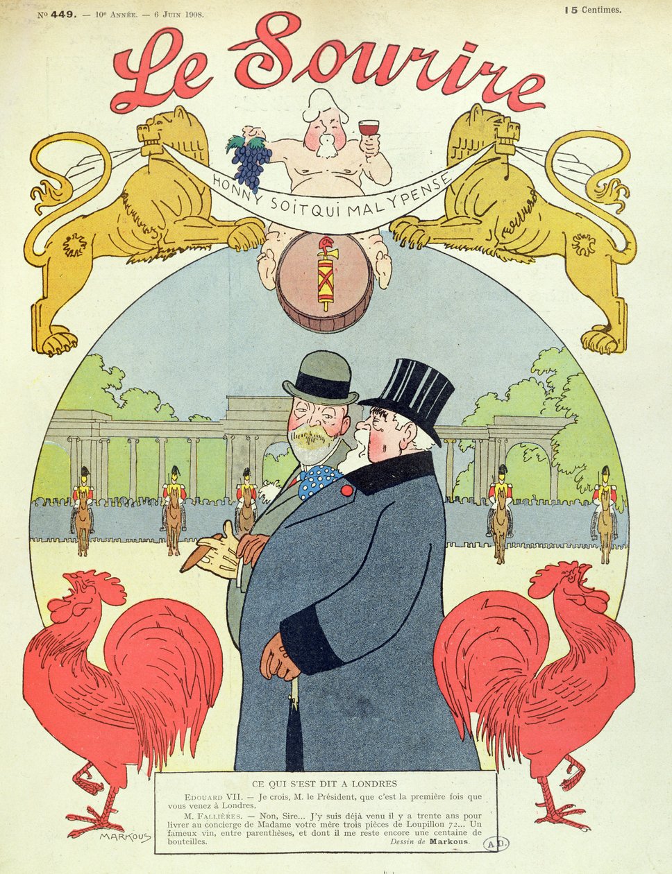 राष्ट्रपति आर्मंड फालिएर्स (1841-1931) किंग एडवर्ड सप्तम (1841-1910) के साथ &39;ले सौरी&39; पत्रिका का कवर, 6 जून 1908 द्वारा लुइस मार्कोसिस