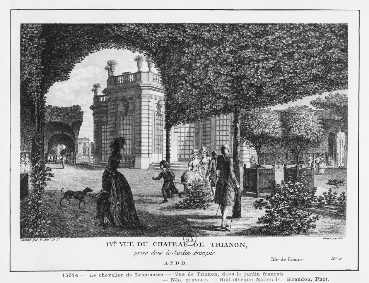 फ्रैंकोइस डेनिस नी (1732-1817) द्वारा उत्कीर्ण फ्रांसीसी उद्यान में लिया गया ट्रायोन का चौथा दृश्य द्वारा लुई निकोलस डी लेस्पिनसे