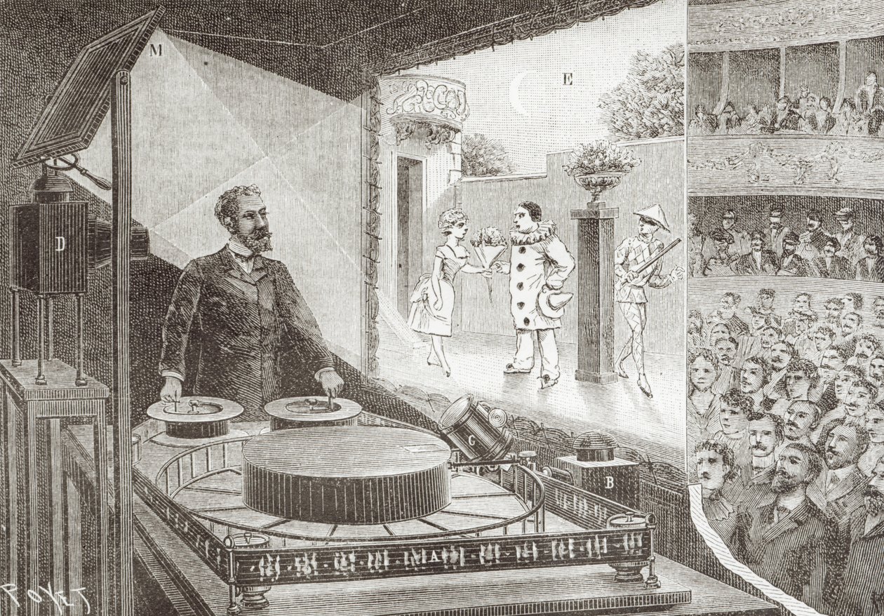 The थियेटर ऑप्टिक ’और इसके आविष्कारक एमिल रेनॉड (1844-1918) ने Pier पउवर पियरोट’ के एक दृश्य के साथ, c.1892-1900 द्वारा लुइस पोयेट