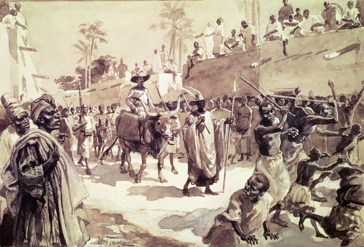 1888 में कैप्टन लुइस गुस्ताव बिंगर (1856-1936) का कोंग में प्रवेश (कागज़ पर wc) द्वारा लुइस तिनैरे