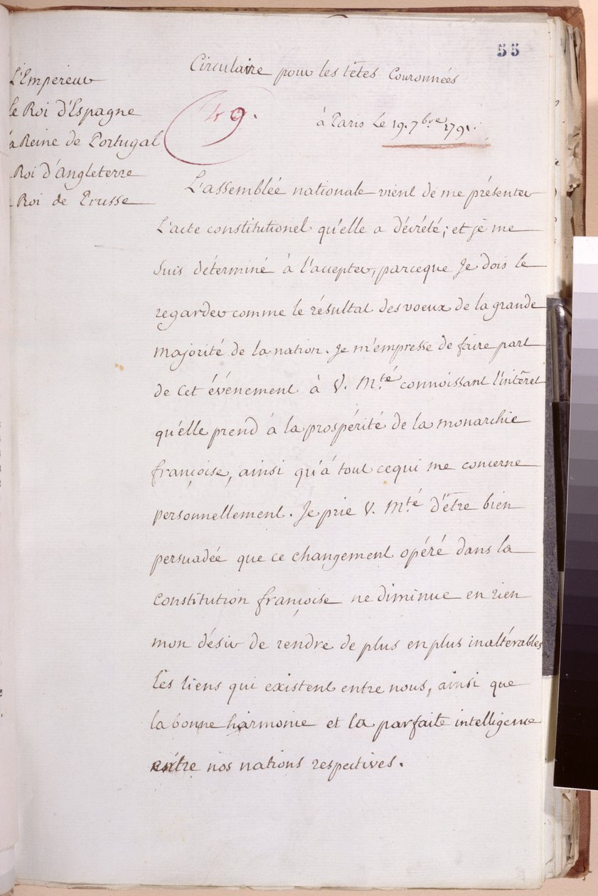 लुई XVI (1754-93) द्वारा लिखित यूरोपीय संप्रभुओं को पत्र, 1791, 19 जुलाई 1791 के संविधान को स्वीकार करने के उनके निर्णय को समझाते हुए द्वारा लुइस XVI