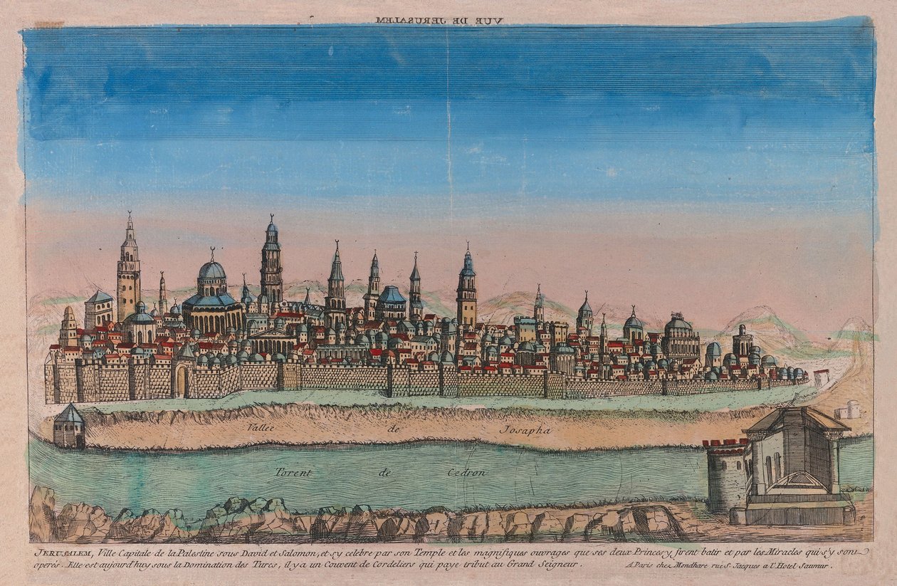 जेरूसलम का दृश्य, 1770 (हाथ से सजी नक्काशी) द्वारा लुईस जोसेफ मोंधारे