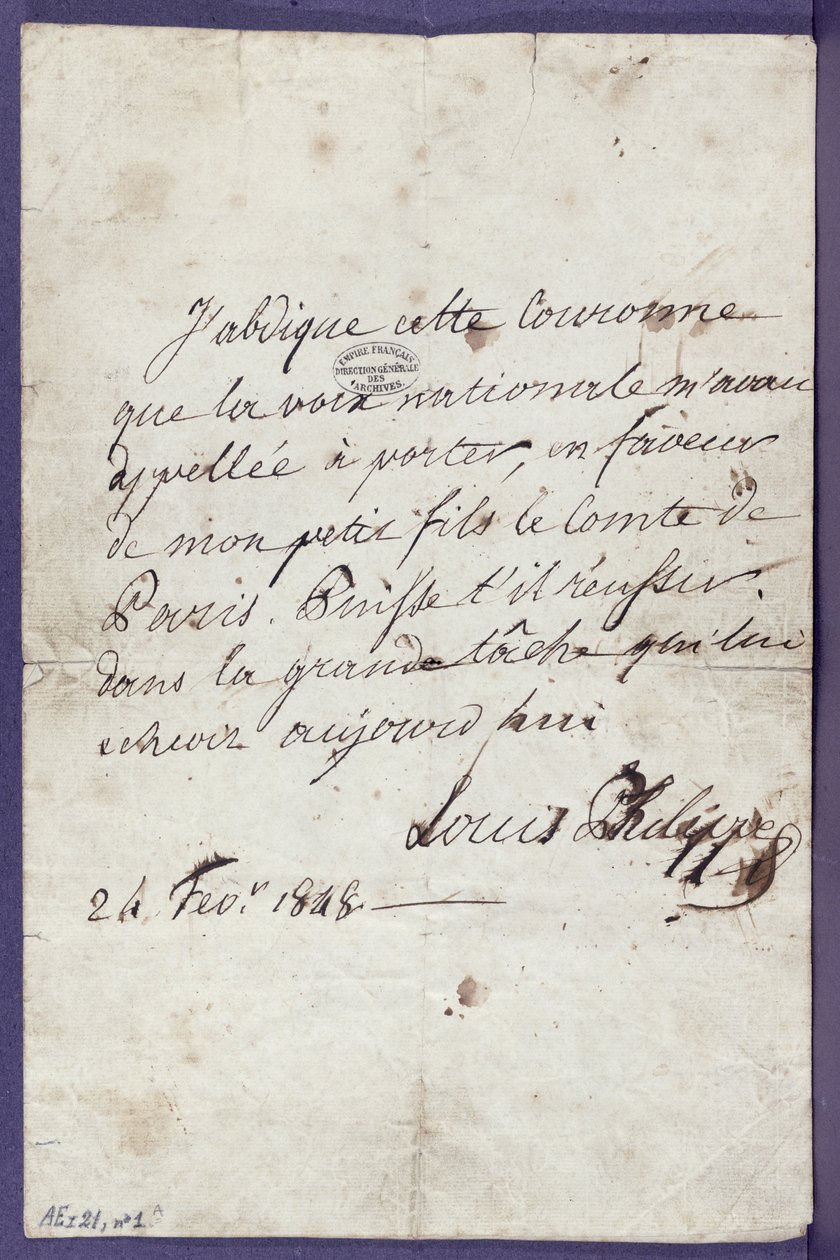 लुई-फिलिप (1773-1850) द्वारा अपने पोते, लुई-फिलिप अल्बर्ट dOrleans (1838-94) के पक्ष में सिंहासन के त्याग का अधिनियम, कॉम्टे डे पेरिस, 24 फरवरी 1848 द्वारा लुइस फिलिप