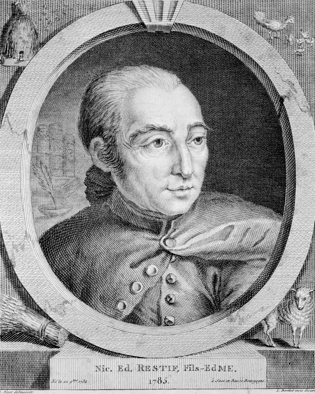 निकोलस एडमे रेस्टिफ डी ला ब्रेटन का पोर्ट्रेट (1734-1806) (रिटिफ डी ला ब्रेटोन भी) - बिनेट द्वारा, उत्कीर्णन द्वारा लुइस (बाद) बिनेट