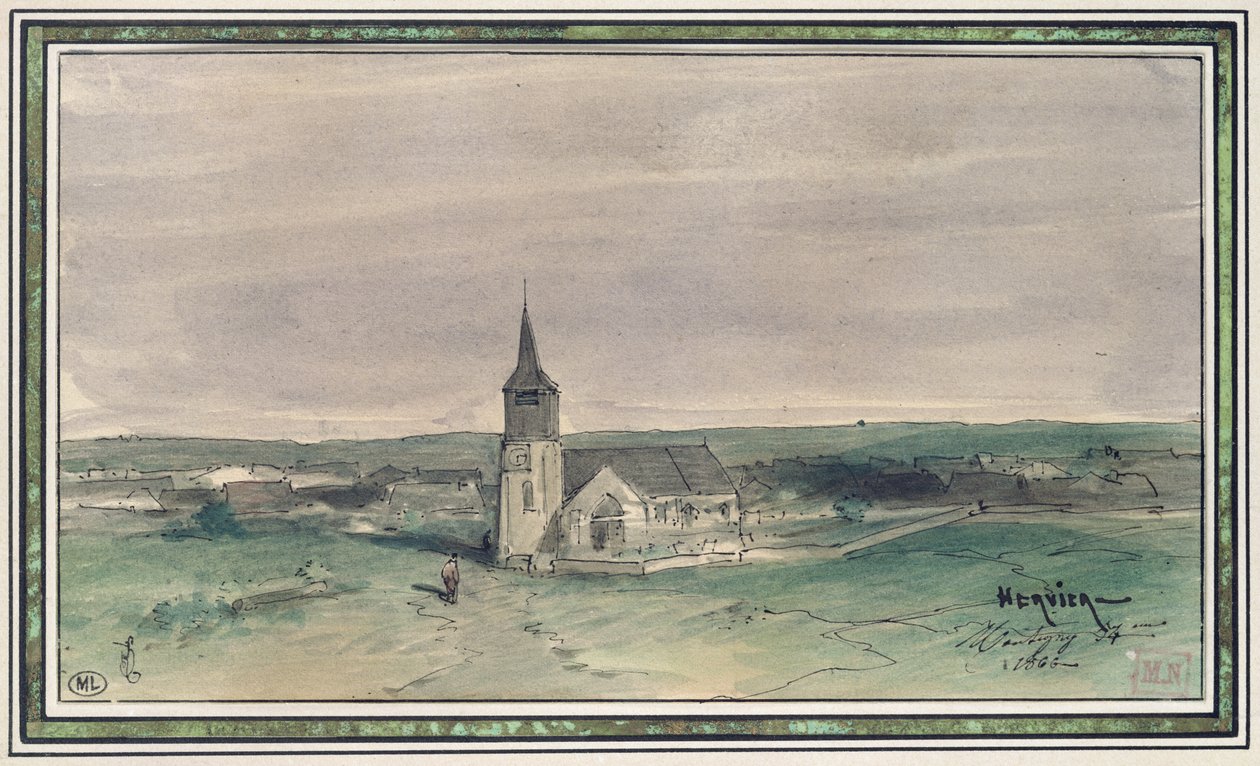 चर्च एंड विलेज इन द मिडल ऑफ़ ए फील्ड, मोंटगैन, 1866 (कागज पर पेन इन स्याही और डब्ल्यूसी) द्वारा लुई एडोल्फ हर्वियर