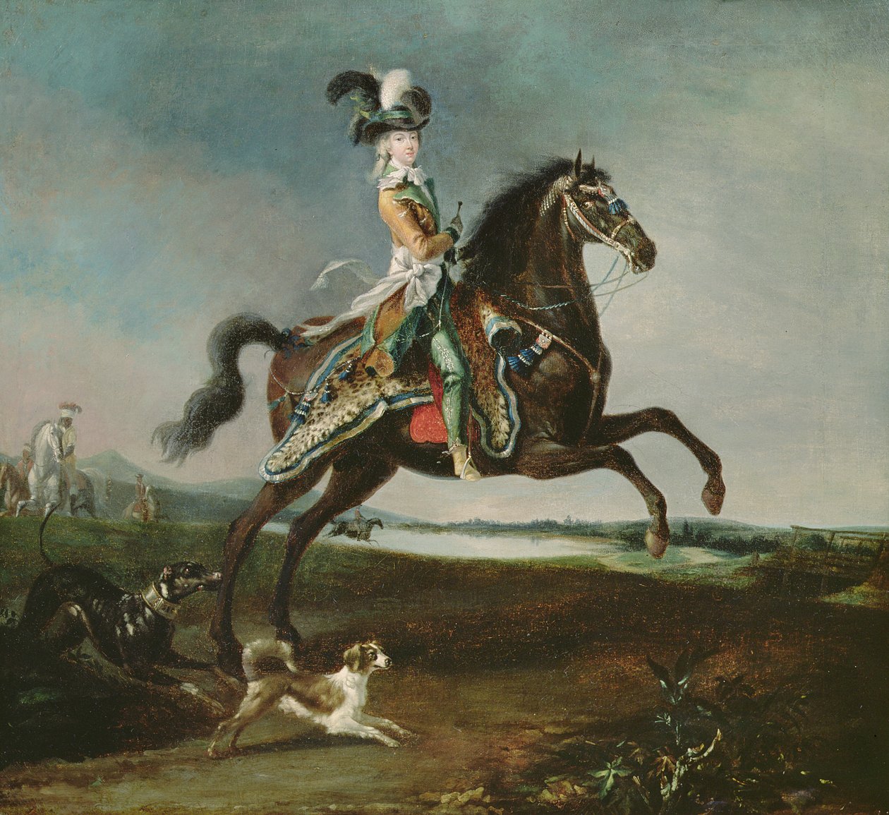 हंटिंग अटायर, 1783 में मैरी-एंटोनेट (1755-93) के अश्वारोही चित्र द्वारा लुई अगस्टे ब्रून या ब्रून डी वर्सोक्स