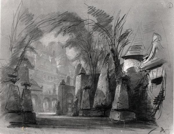 विक्टर ह्यूगो (1802-85) द्वारा 'लेस बरग्रेव्स' (1843) के लिए सेट डिज़ाइन (कागज पर पेंसिल) (बी/डब्ल्यू फोटो) द्वारा लुई बूलैंगर