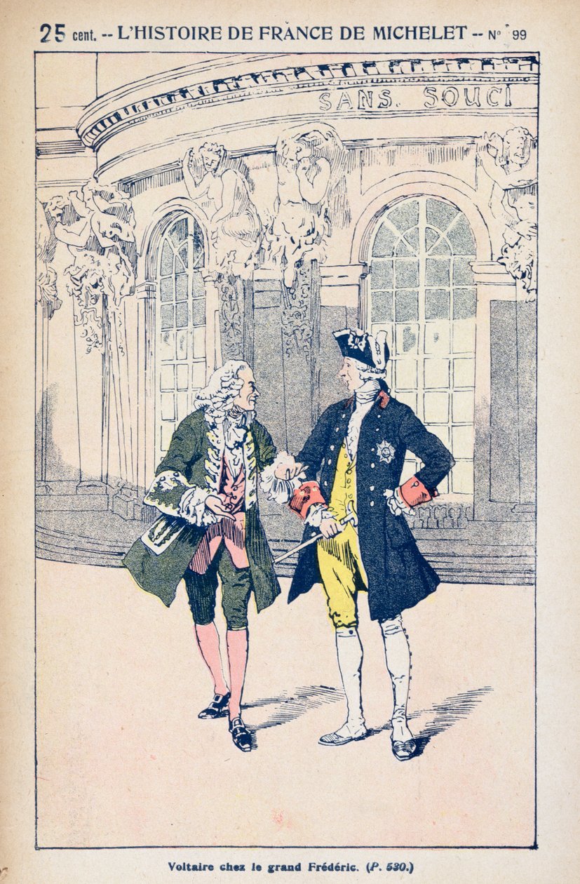 फ्रांकोइस वोल्टेयर (1694-1778) जूल्स माइकेल (1717-1874) c.1900 द्वारा &39;हिस्टोइरे डी फ्रांस&39; से पोट्सडैम के पास सैंसौसी में किंग फ्रेडरिक II (1712-86) के साथ। द्वारा लुई चार्ल्स ने बमबारी की