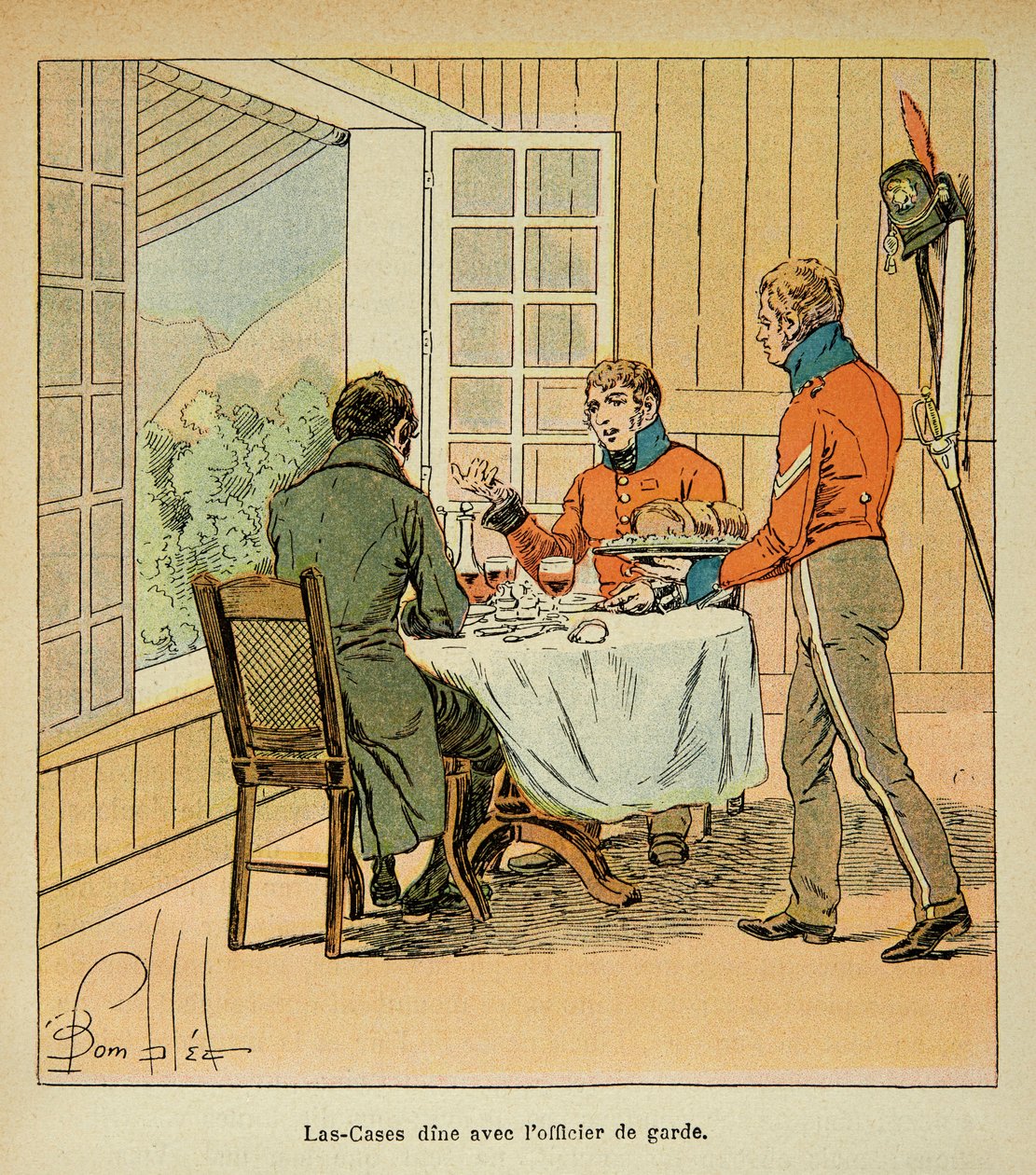 काउंट इमैनुएल डी लास केसेस (1766-1842) द्वारा "द मेमोरियल ऑफ सेंट हेलेन" पुस्तक से बॉम्बल्ड लुइस (1862-1927) का चित्रण: लास केस और गार्ड ऑफिसर के बीच डिनर, निजी संग्रह द्वारा लुई चार्ल्स ने बमबारी की