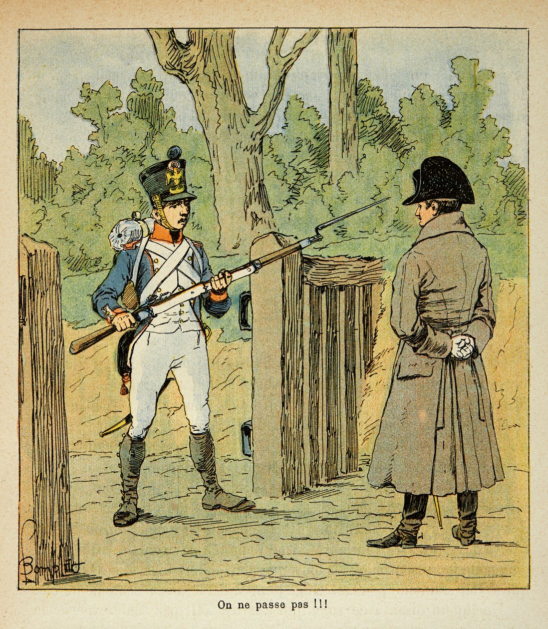 काउंट इमैनुएल डे लास केसेस (1766-1842) की पुस्तक "द मेमोरियल ऑफ सेंट हेलेन" से बॉम्बल्ड लुइस (1862-1927) का चित्रण: नेपोलियन ने एक गार्ड द्वारा रुकी हुई लड़ाई की पूर्व संध्या पर कुछ पदों पर जाकर, निजी संग्रह द्वारा लुई चार्ल्स ने बमबारी की