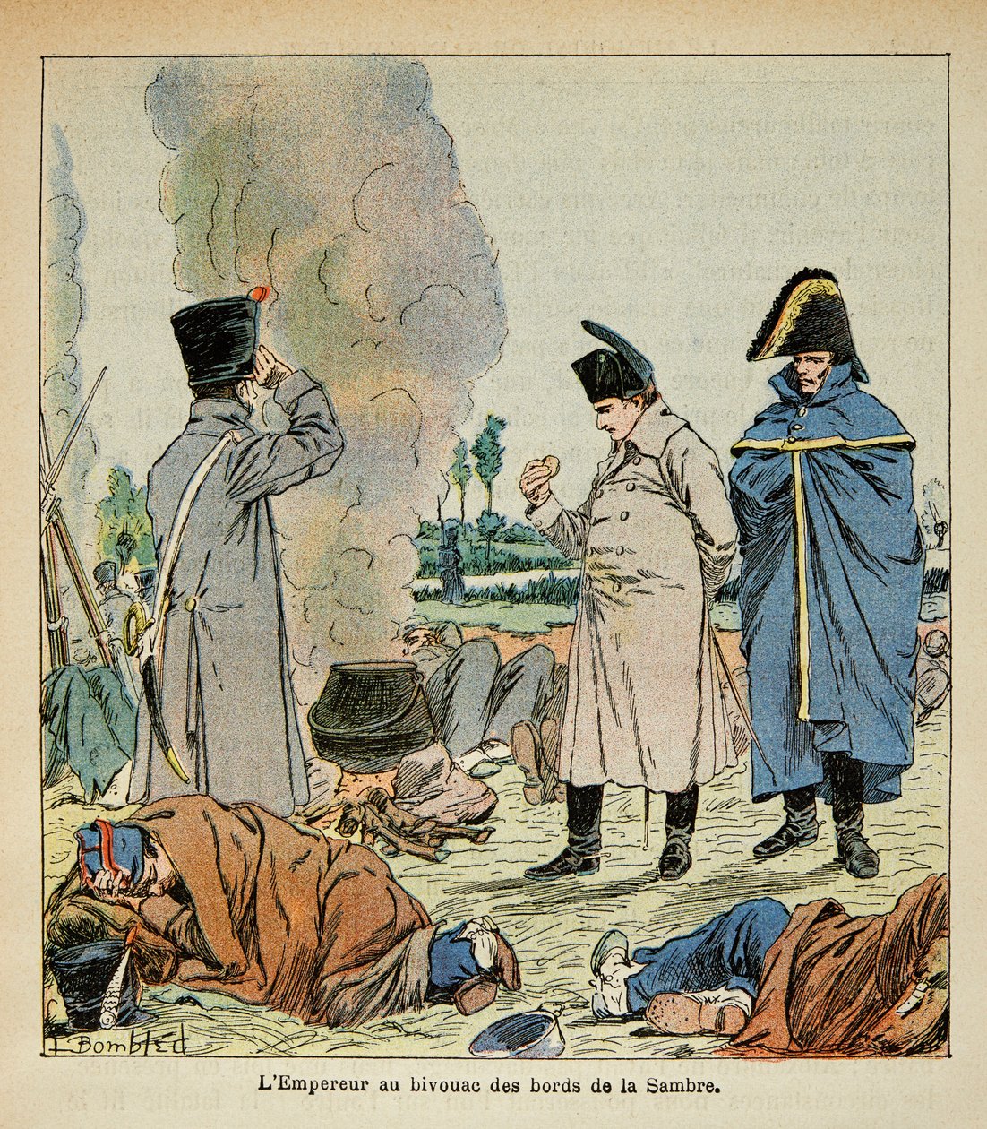 काउंट इमैनुएल डे लास केसेस (1766-1842) की पुस्तक "द मेमोरियल ऑफ सेंट हेलेन" से बॉम्बल्ड लुइस (1862-1927) का चित्रण: नेपोलियन एक द्विवार्षिक के दौरान सैनिकों की रोटी खाता है, निजी संग्रह द्वारा लुई चार्ल्स ने बमबारी की