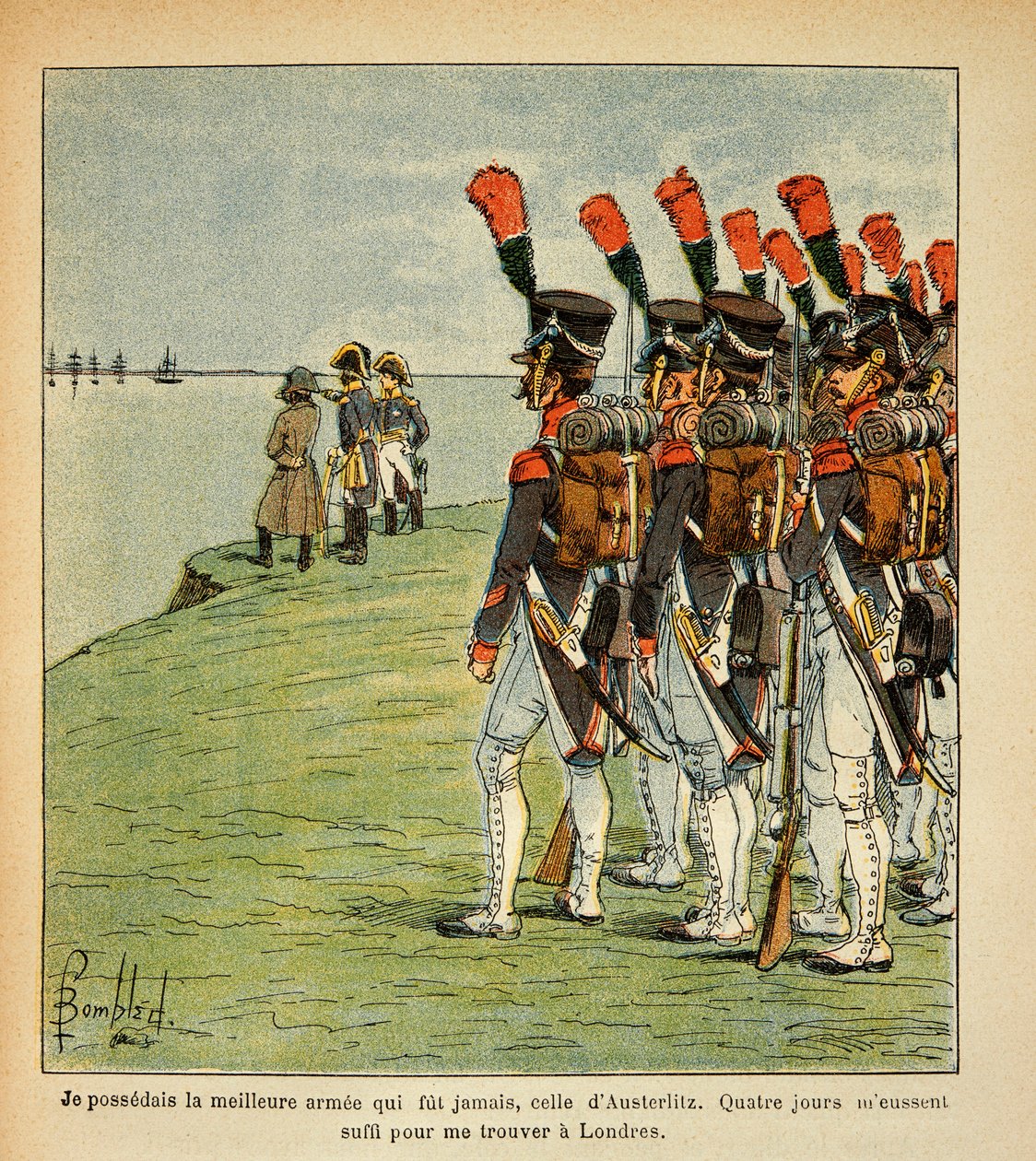 काउंट इमैनुएल डे लास केसेस (1766-1842) की पुस्तक "द मेमोरियल ऑफ सेंट हेलेन" से बॉम्बल्ड लुइस (1862-1927) का चित्रण: द ग्रेट आर्मी इन बोलोग्ने, द एम्परर नेपोलियन इंग्लैंड पर विचार करता है जिसे वह आक्रमण करना चाहता है, निजी संग्रह द्वारा लुई चार्ल्स ने बमबारी की