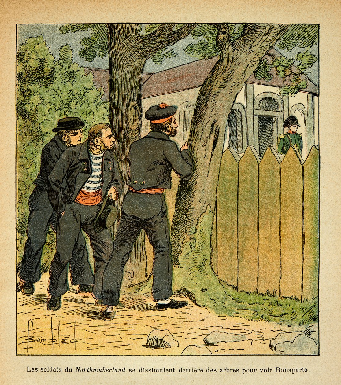 काउंट इमैनुएल डी लास केसेस (1766-1842) की पुस्तक "द मेमोरियल ऑफ सेंट हेलेन" से बॉम्बल्ड लुइस (1862-1927) का चित्रण: सेंट हेलेन में, नॉर्थम्बरलैंड के नाविक सम्राट नेपोलियन को देखने के लिए छिपते हैं, निजी संग्रह द्वारा लुई चार्ल्स ने बमबारी की