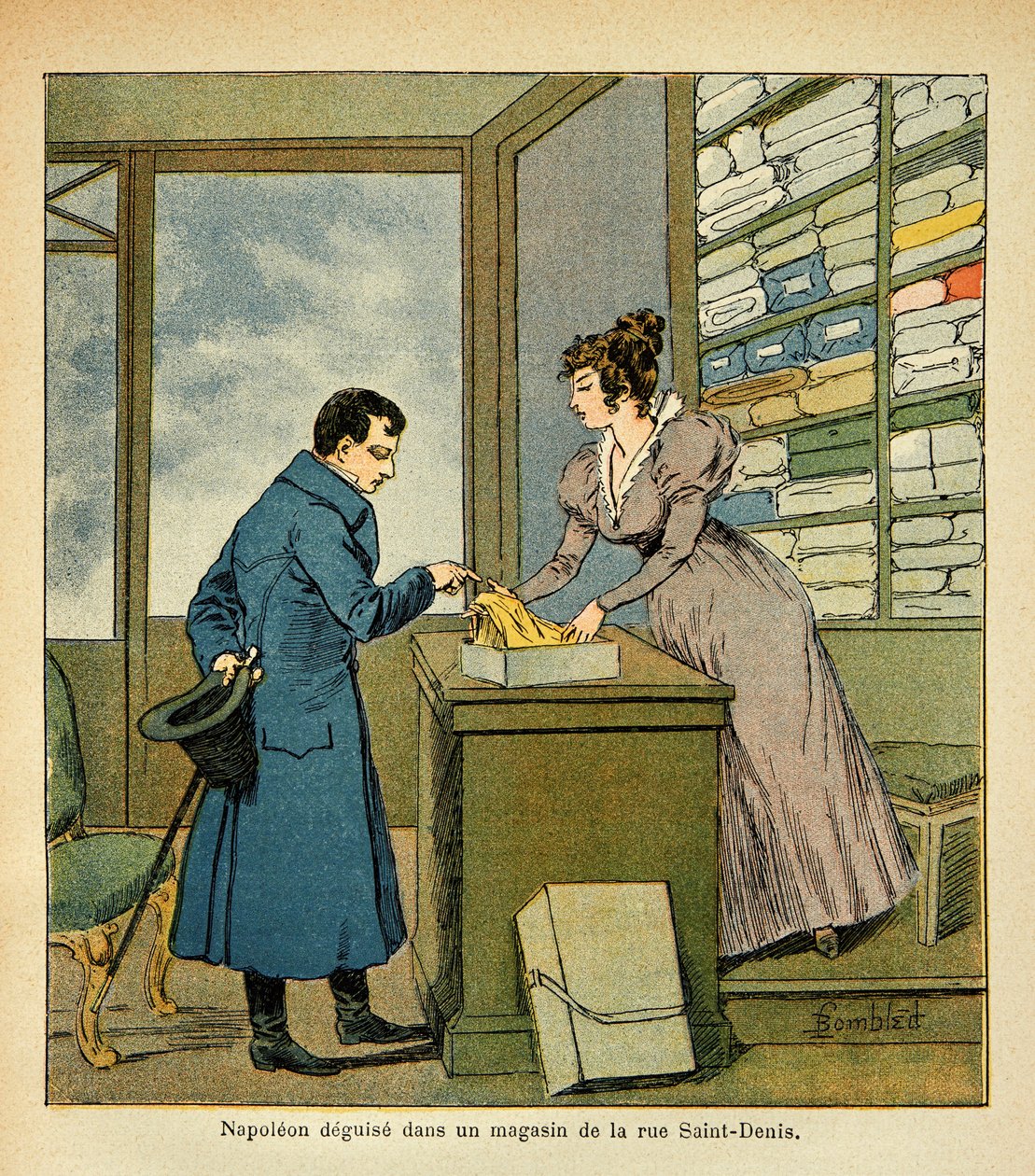 काउंट इमैनुएल डे लास केसेस (1766-1842) की पुस्तक "द मेमोरियल ऑफ सेंट हेलेन" से बॉम्बल्ड लुइस (1862-1927) का चित्रण: सम्राट नेपोलियन रुए सेंट डेनिस, निजी संग्रह की एक दुकान में भेष बदलते हैं द्वारा लुई चार्ल्स ने बमबारी की