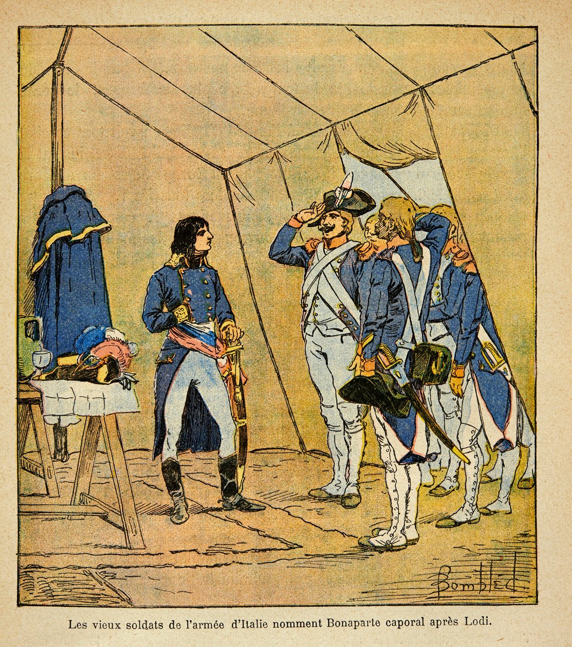 काउंट इमैनुएल डे लास केसेस (1766-1842) की पुस्तक "द मेमोरियल ऑफ सेंट हेलेन" से बॉम्बल्ड लुइस (1862-1927) का चित्रण: 1796 में लोदी की लड़ाई के बाद बोनापार्ट कॉर्पोरल नामक इतालवी सेना के पुराने सैनिकों, निजी संग्रह द्वारा लुई चार्ल्स ने बमबारी की