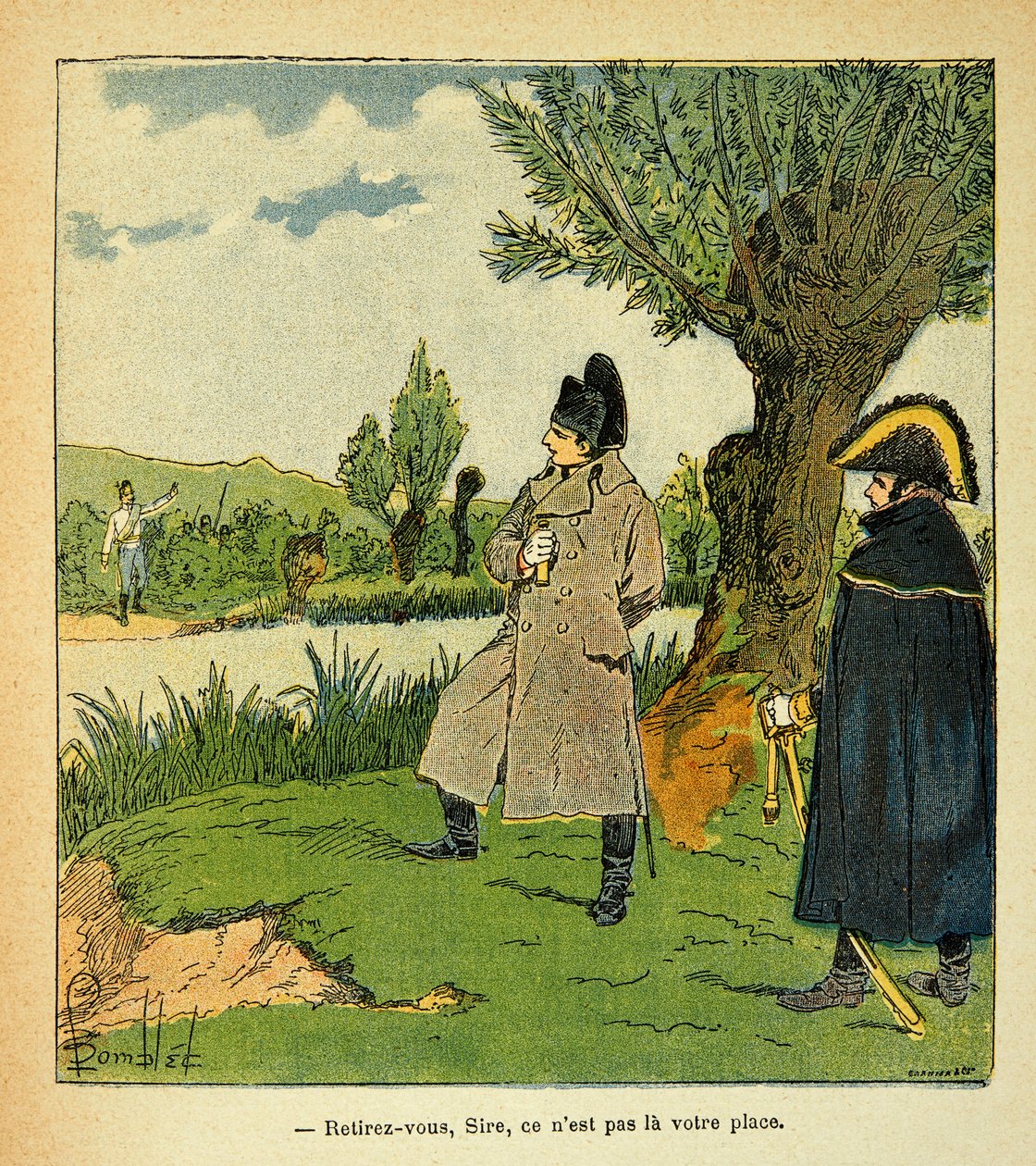 काउंट इमैनुएल डे लास केसेस (1766-1842) की पुस्तक "द मेमोरियल ऑफ सेंट हेलेन" से बॉम्बल्ड लुइस (1862-1927) का चित्रण: एस्लिंग की लड़ाई के दौरान लाउबो द्वीप पर, नेपोलियन जोखिम उठाते हुए, एक ऑस्ट्रियाई अधिकारी सम्राट को बुलाता है "" वापस ले द्वारा लुई चार्ल्स ने बमबारी की