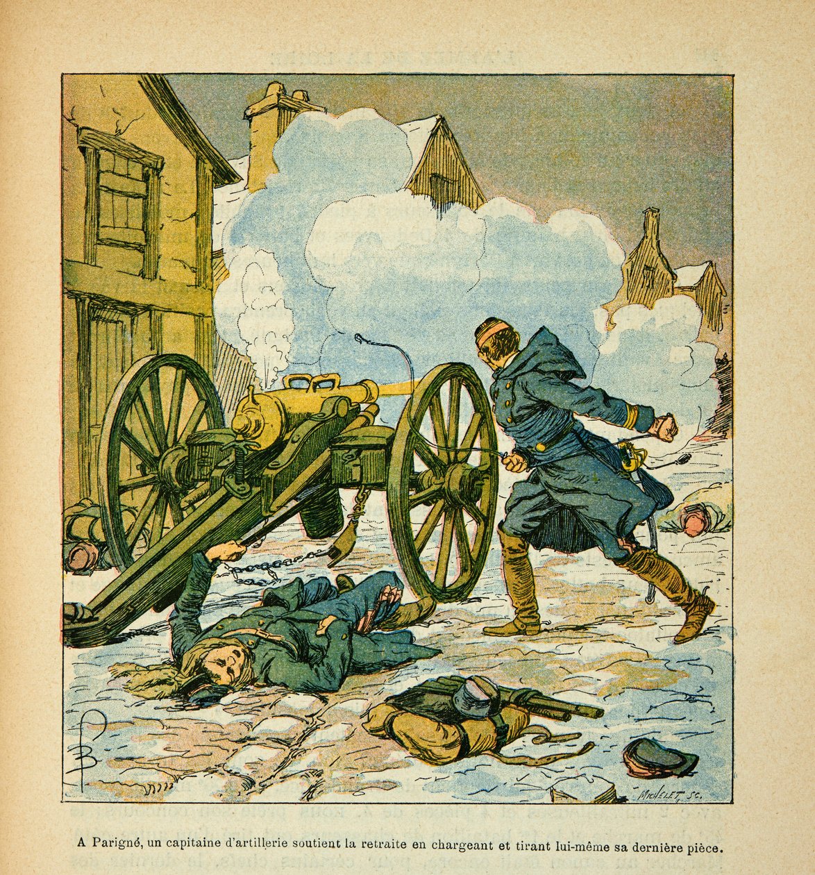 यूजीन सर्जेंट द्वारा ल'आर्मी डे ला लॉयर, डिट ग्रेनेस्ट, लुई बॉम्बल्ड (1862-1927) (फ्रेंको-जर्मन युद्ध; 1870-1871 का अभियान) द्वारा सचित्र: परिग्ने में, एक तोपखाने के कप्तान ने अपने आखिरी को लोड और फायरिंग करके पीछे हटने का समर्थन किया। जनवरी 1871 में ट द्वारा लुई चार्ल्स ने बमबारी की