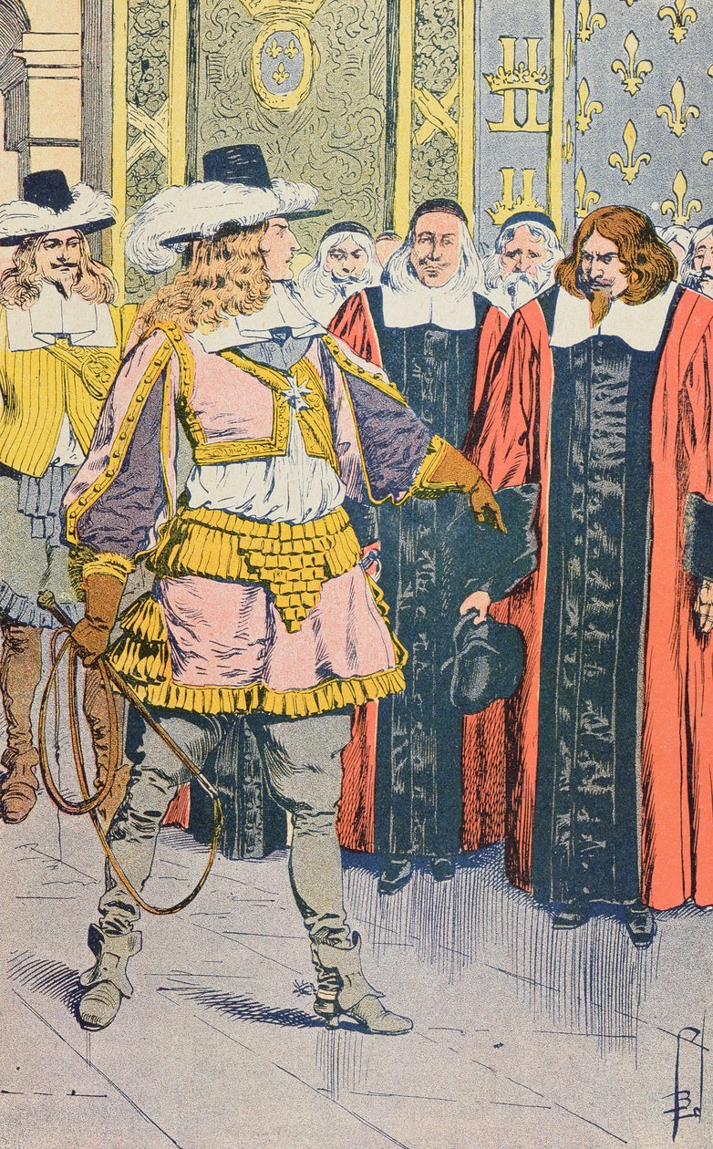 लुईस XIV ने फ्रांसीसी संसद का दौरा किया, जूल्स म्हेलेट द्वारा चित्रण &39;हिस्टीर डी फ्रांस&39;, c.1900 द्वारा लुई चार्ल्स ने बमबारी की