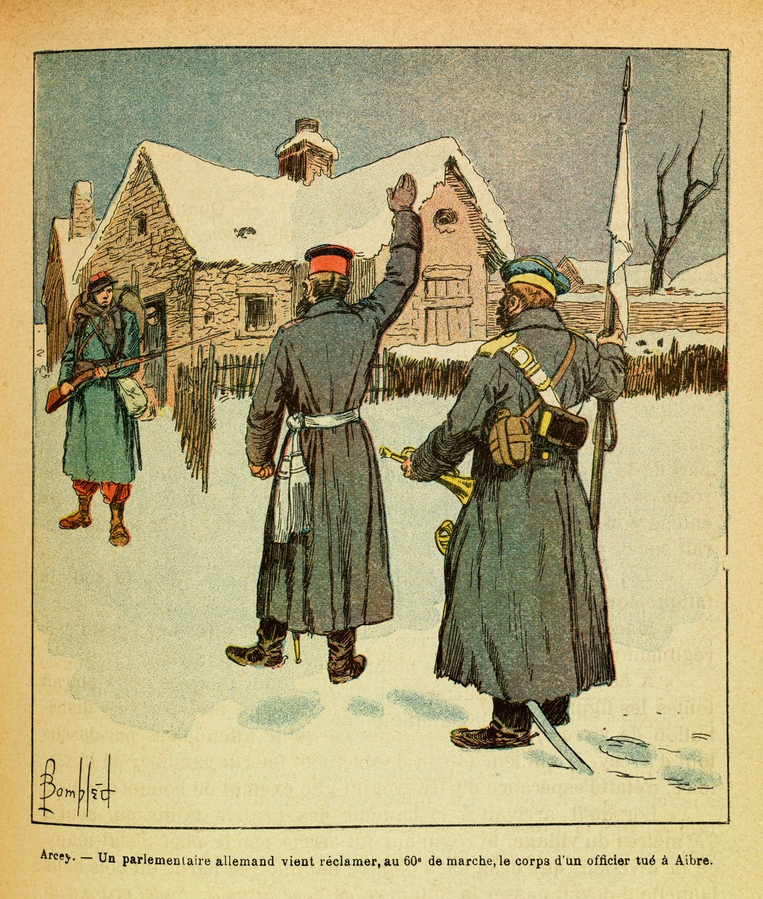 यूजीन सार्जेंट की पूर्वी सेना, डिट ग्रेनेस्ट, लुई बॉम्बल्ड (1862-1927) (फ्रेंको-जर्मन युद्ध; 1870 -1871 का अभियान) द्वारा सचित्र: जनवरी 1871-आर्सी, एक जर्मन सांसद 60 वें मार्च में पुनः प्राप्त करने के लिए आता है, शरीर आइब्रे में एक अधिकारी की हत्या द्वारा लुई चार्ल्स ने बमबारी की