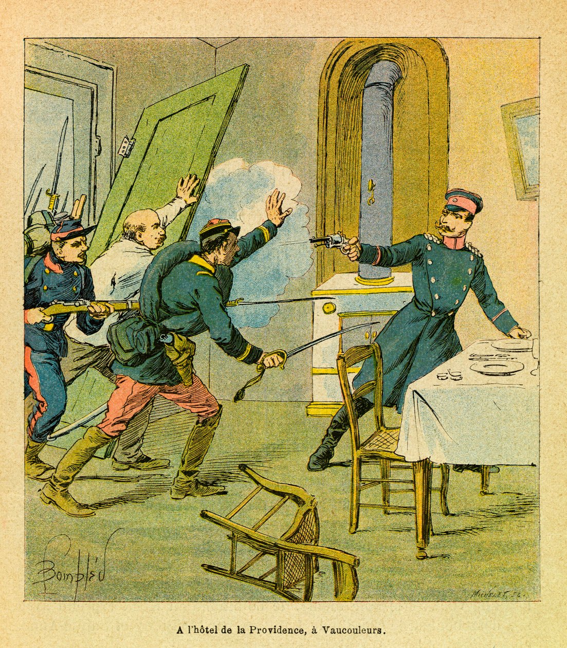 यूजीन सार्जेंट की पूर्वी सेना, जिसे ग्रेनेस्ट के रूप में जाना जाता है, लुई बॉम्बल्ड (1862-1927) (फ्रेंको-जर्मन युद्ध; 1870 -1871 का अभियान) द्वारा सचित्र: एक प्रशिया अधिकारी ने फ्रांसीसी उद्देश्यों के लिए वौकोलेर्स, निजी संग्रह में कैदी ले लिया द्वारा लुई चार्ल्स ने बमबारी की