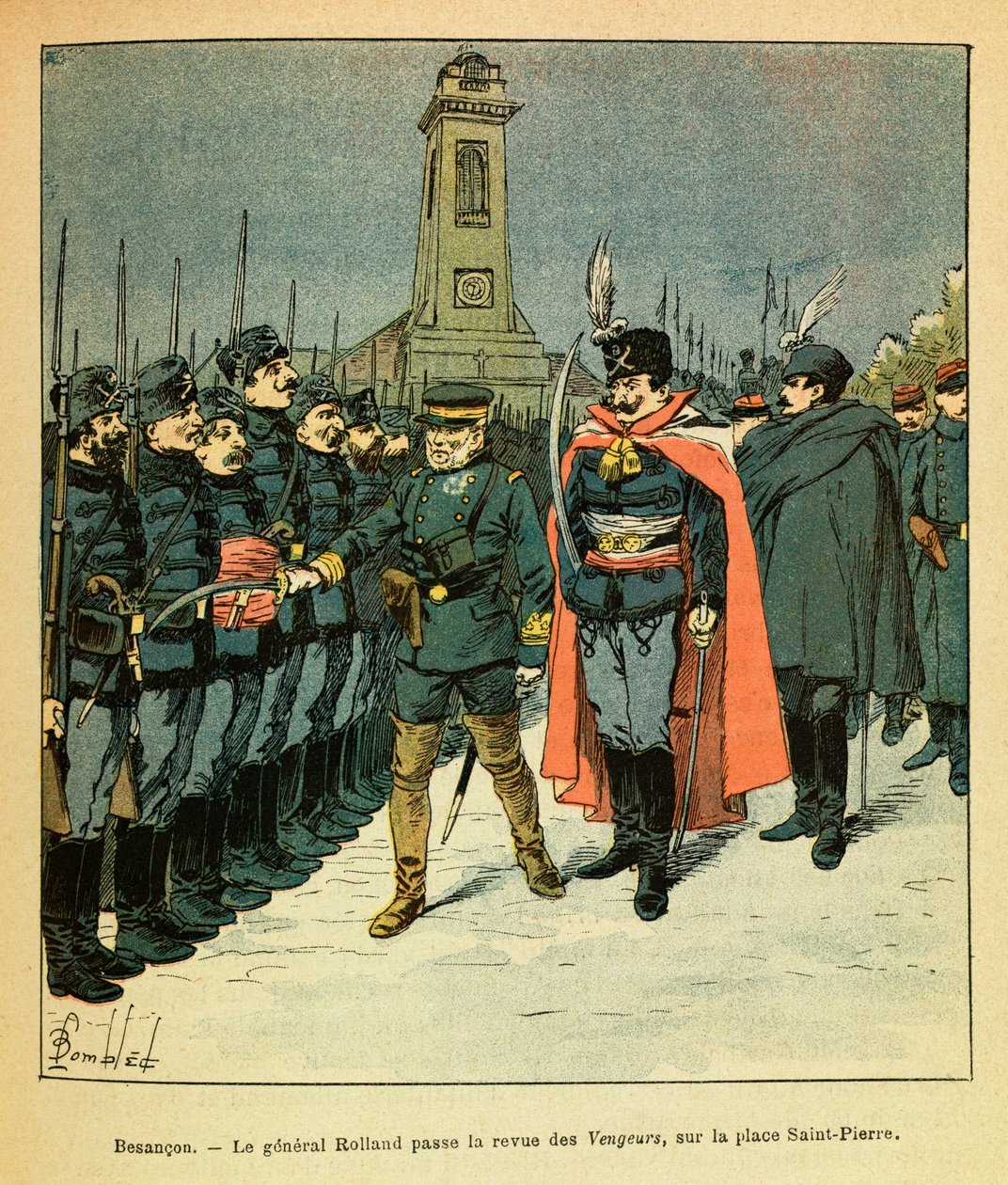 यूजीन सार्जेंट की पूर्वी सेना, जिसे ग्रेनेस्ट के रूप में जाना जाता है, लुई बॉम्बल्ड (1862-1927) (फ्रेंको-जर्मन युद्ध; 1870-1871 का अभियान) द्वारा सचित्र: बेसनकॉन में, जनरल रोलैंड ने मलिकी द्वारा कमीशन "एवेंजर्स" कंपनी की समीक्षा की, निजी संग्रह द्वारा लुई चार्ल्स ने बमबारी की