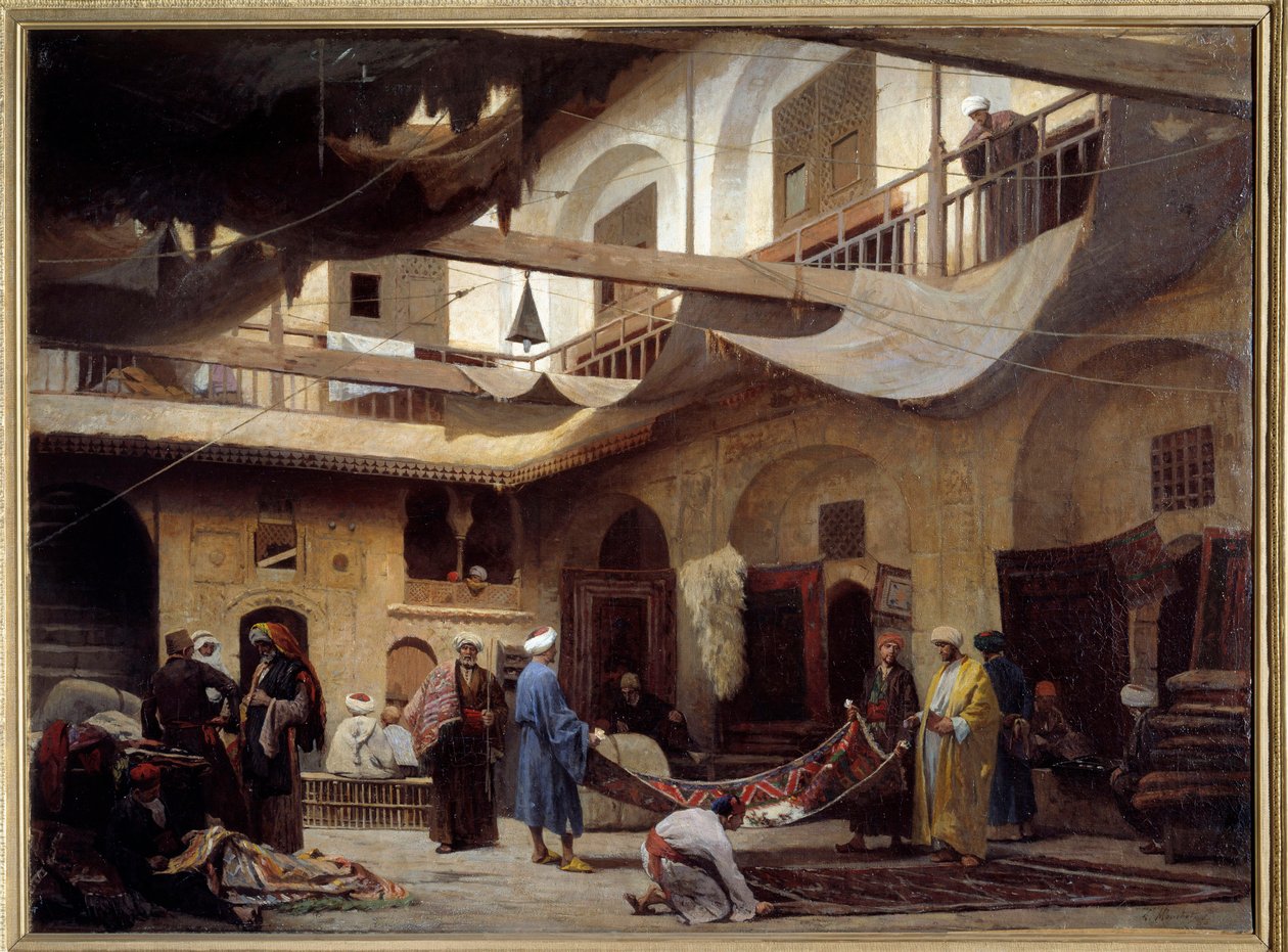 1866 में काहिरा में खान-खबील में कालीन बाजार। लुई क्लाउड मौचोट द्वारा पेंटिंग (1830-1891) द्वारा लुइस क्लाउड मौचोट
