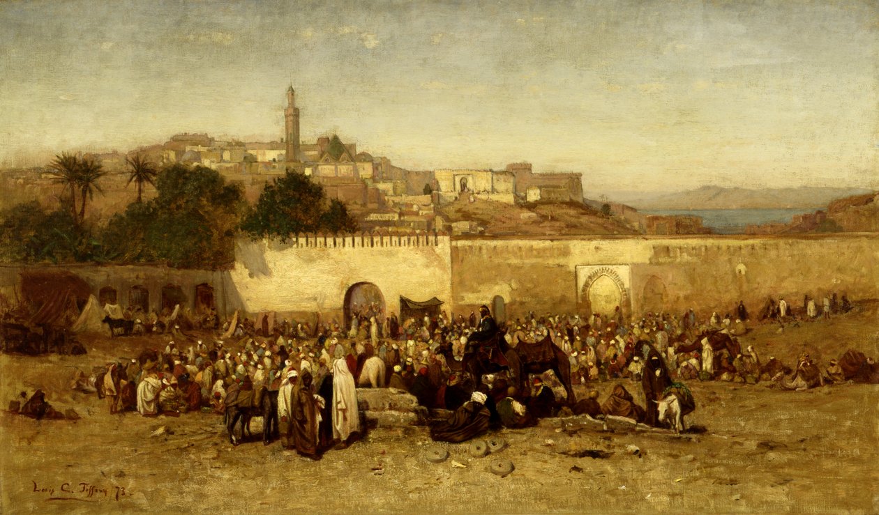 1873 में टैंगियर्स, मोरक्को की दीवारों के बाहर बाजार दिवस। द्वारा लुई कम्फर्ट टिफ़नी