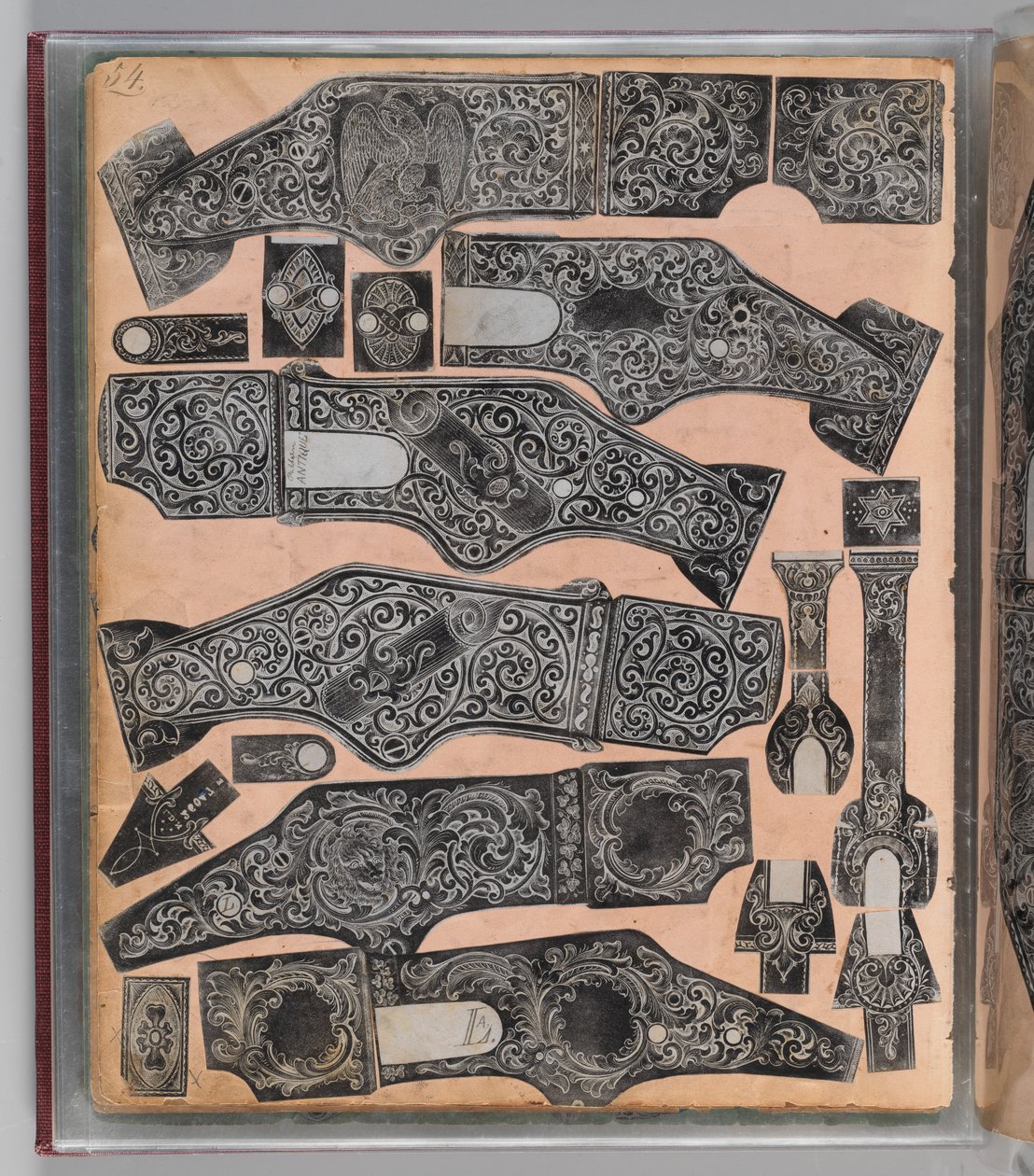 लुई डी। निम्सके, अमेरिकी, c1850-1900 के उत्कीर्ण आग्नेयास्त्र आभूषण की कार्यपुस्तिका रिकॉर्डिंग। द्वारा लुई डी. निम्स्के