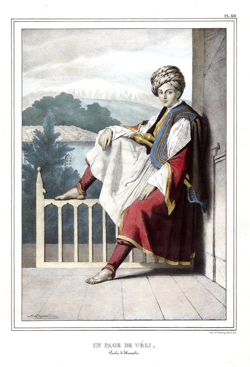 वेली का एक पृष्ठ, पाशा डे थेसाली। में "" एथेंस और कॉन्स्टेंटिनोपल की यात्रा, या ग्रीक और तुर्क चित्रों, विचारों और परिधानों का संग्रह, डेविड के शिष्य लुई डुप्रे (1789-1837) द्वारा प्रकृति, लिथोग्राफ और रंगों के स्थानों पर चित्रित। 1825। द्वारा लुई डुप्रे