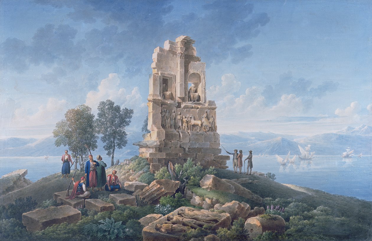 यात्रियों के साथ एथेंस में फिलोप्पोस का मकबरा। 1821 (स्याही और जलरंग) द्वारा लुई फ़्राँस्वा कसासी